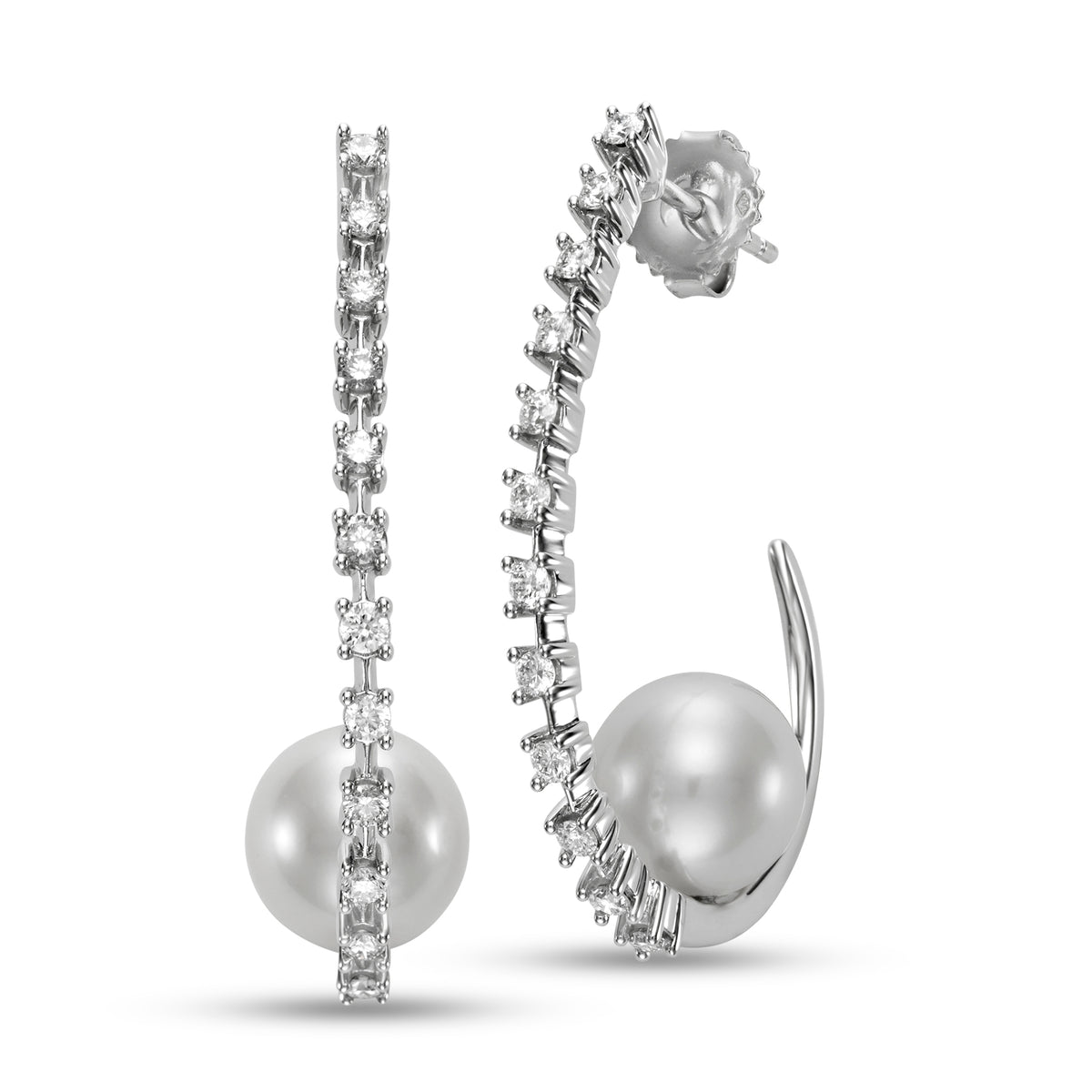 Pearl & Diamond Hoop Earrings by Mastoloni Pearls available at Talisman Collection Fine Jewelers in El Dorado Hills, CA and online. Crafted with precision and elegance, these 18k white gold hoop earrings feature a dazzling .75 carats of diamonds and timeless 10 - 10.5 mm freshwater pearls. Each element is meticulously chosen to create an elegant and timeless piece of jewelry that is sure to be loved for eternity. 