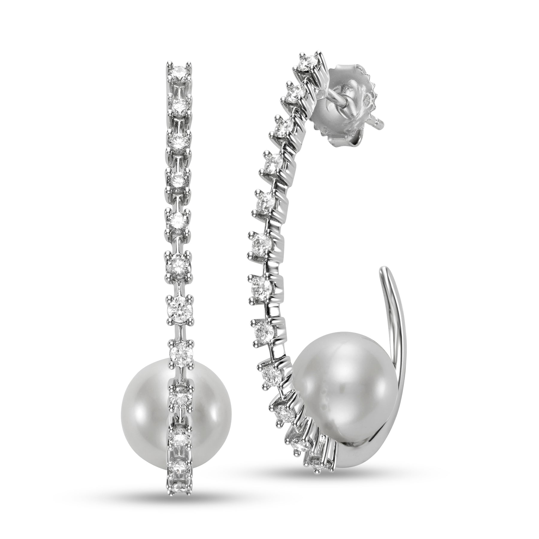 Pearl & Diamond Hoop Earrings by Mastoloni Pearls available at Talisman Collection Fine Jewelers in El Dorado Hills, CA and online. Crafted with precision and elegance, these 18k white gold hoop earrings feature a dazzling .75 carats of diamonds and timeless 10 - 10.5 mm freshwater pearls. Each element is meticulously chosen to create an elegant and timeless piece of jewelry that is sure to be loved for eternity. 