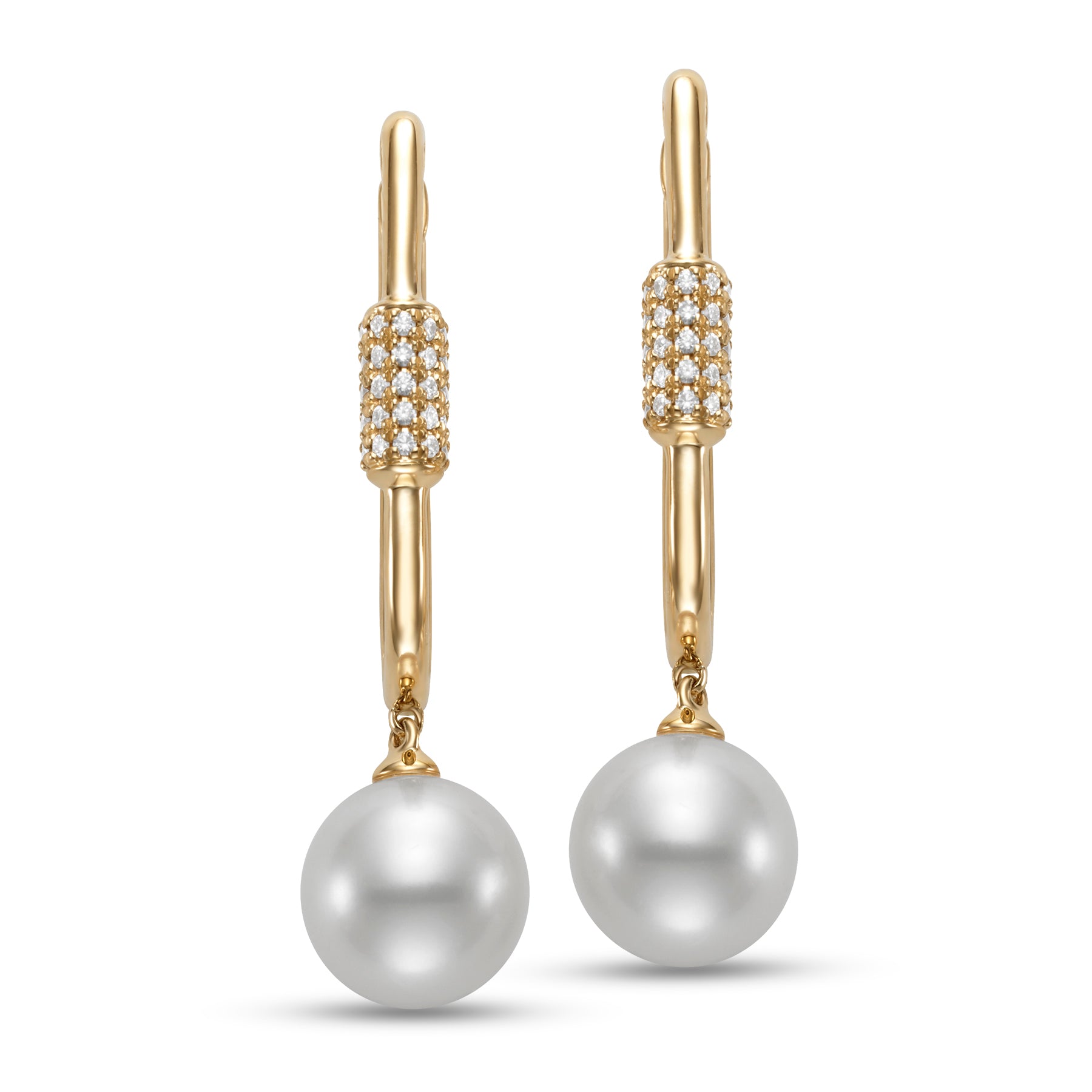 Pearl Carabiner Hoop Earrings by Mastoloni available at Talisman Collection Fine Jewelers in El Dorado Hills, CA and online "Unlock" a fresh style with these 18k yellow gold earrings. The modern carabiner design, embellished with .21 cts of dazzling pave diamonds and 9-9.5 mm freshwater pearls, adds a touch of playful sophistication to any outfit. Simultaneously classic and on trend.