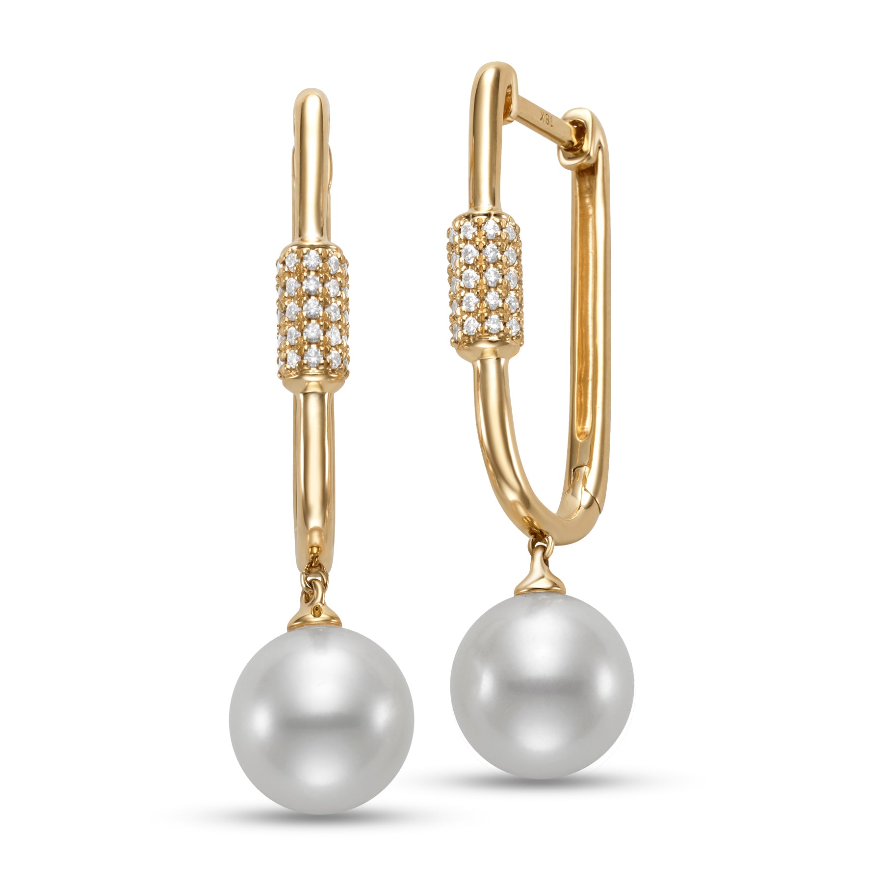 Pearl Carabiner Hoop Earrings by Mastoloni available at Talisman Collection Fine Jewelers in El Dorado Hills, CA and online "Unlock" a fresh style with these 18k yellow gold earrings. The modern carabiner design, embellished with .21 cts of dazzling pave diamonds and 9-9.5 mm freshwater pearls, adds a touch of playful sophistication to any outfit. Simultaneously classic and on trend.