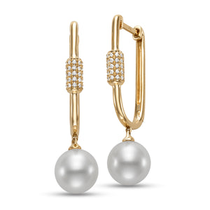 Pearl Carabiner Hoop Earrings by Mastoloni available at Talisman Collection Fine Jewelers in El Dorado Hills, CA and online "Unlock" a fresh style with these 18k yellow gold earrings. The modern carabiner design, embellished with .21 cts of dazzling pave diamonds and 9-9.5 mm freshwater pearls, adds a touch of playful sophistication to any outfit. Simultaneously classic and on trend.