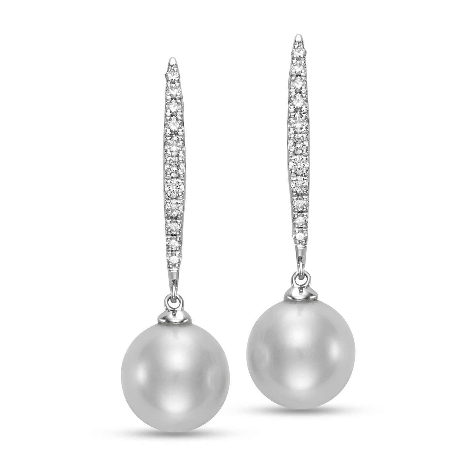 Pave Diamond & Pearl Huggie Earrings by Mastoloni available at Talisman Collection Fine Jewelers in El Dorado Hills, CA and online. Experience the luxurious beauty of our Pave Diamond & Pearl Huggie Earrings, crafted with 9-9.5 mm freshwater pearls and .25 carats of stunning diamonds, set in 18k white gold.