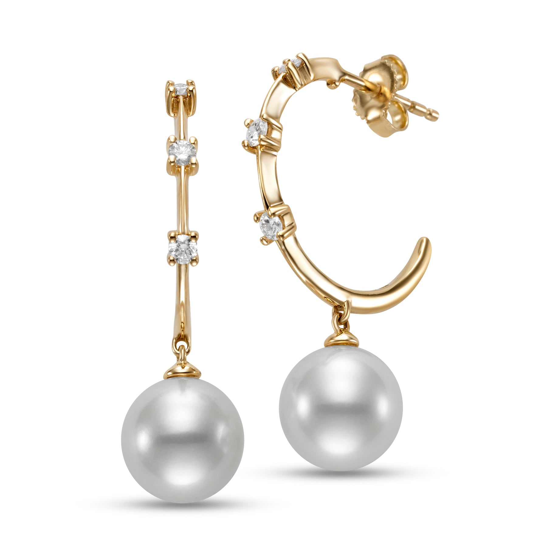 Tre Diamond & Pearl Hoop Earrings by Mastoloni available at Talisman Collection Fine Jewelers in El Dorado Hills, CA and online. Experience true luxury with the Tre Diamond & Pearl Hoop Earrings by Mastoloni. Crafted with 18K yellow gold, these hoops feature three dazzling diamonds totaling .20 cts and stunning 9-9.5mm freshwater pearls. A design that will never fade, these earrings are a must-have for those who value style and sophistication.