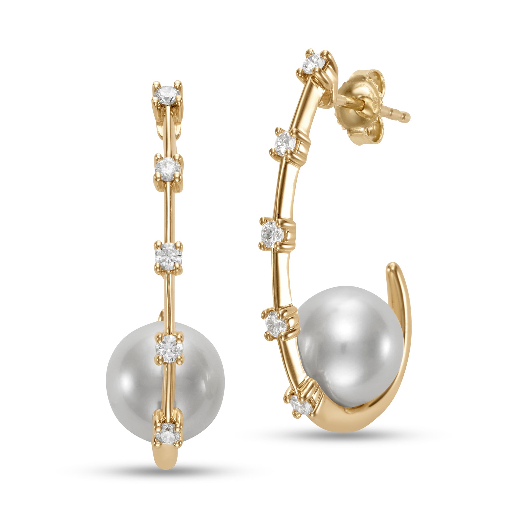 Cinque Diamond & Pearl Hoop Earrings by Mastoloni available at Talisman Collection Fine Jewelers in El Dorado Hills, CA and online. Perfectly polished and exquisitely designed, these luxurious earrings are adorned with .33 cts of sparkling prong-set diamonds and 9-9.5 mm freshwater pearls. A flawless combination of sophistication and elegance crafted in 18k yellow gold. 