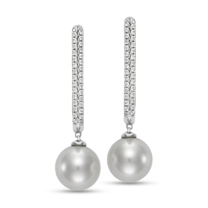 Pave Diamond & Pearl Hoop Earrings by Mastoloni available at Talisman Collection Fine Jewelers in El Dorado Hills, CA and online. Expertly crafted with .27 carats of pavé diamonds set in 18 karat white gold, these earrings are made even more elegant by the addition of 9-9.5 mm freshwater pearls. A stunning combination of precious materials that come together in these classic hoops. 