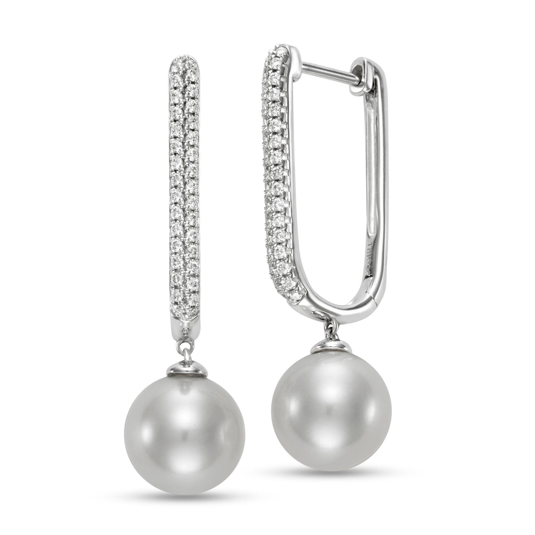 Pave Diamond & Pearl Hoop Earrings by Mastoloni available at Talisman Collection Fine Jewelers in El Dorado Hills, CA and online. Expertly crafted with .27 carats of pavé diamonds set in 18 karat white gold, these earrings are made even more elegant by the addition of 9-9.5 mm freshwater pearls. A stunning combination of precious materials that come together in these classic hoops. 