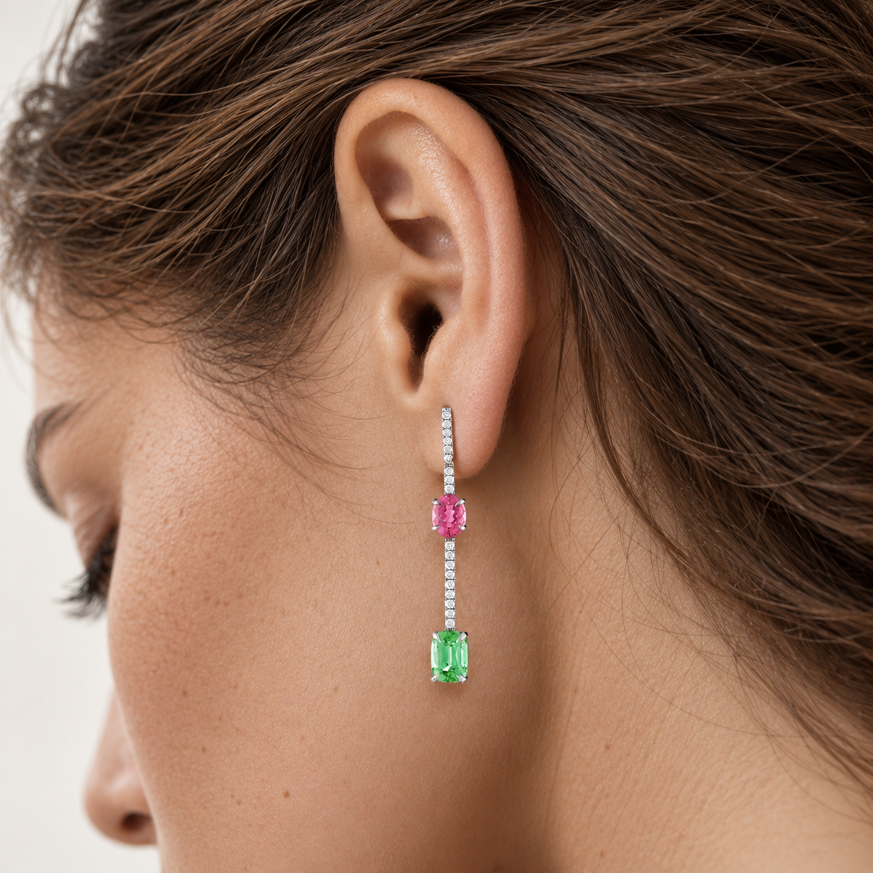 Mint and Pink Tourmaline Drop Earrings with Diamonds by Lisa Nik