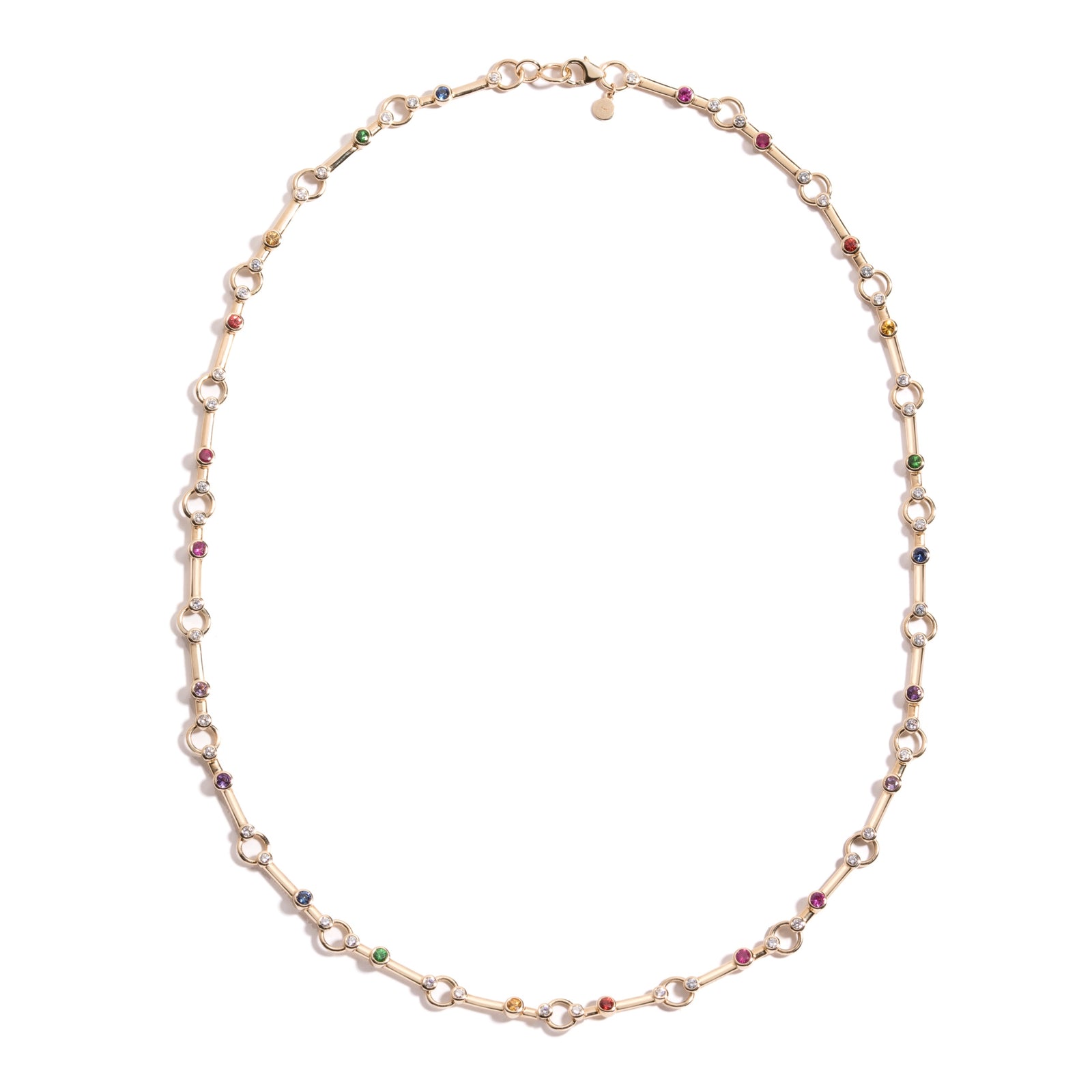 Pathway Necklace by Mined + Found available at Talisman Collection Fine Jewelers in El Dorado Hills, CA and online. The Pathway necklace is a striking piece on its own, while also offering a versatile base to display charms on its circular links. Meticulously crafted in warm 14k yellow gold, each pathway link features a rainbow of bezel-set sapphires and 1.02cts of diamonds set on the end caps, adding brilliance to the design. At 18" long, including a lobster clasp, this necklace beautifully blends bold des
