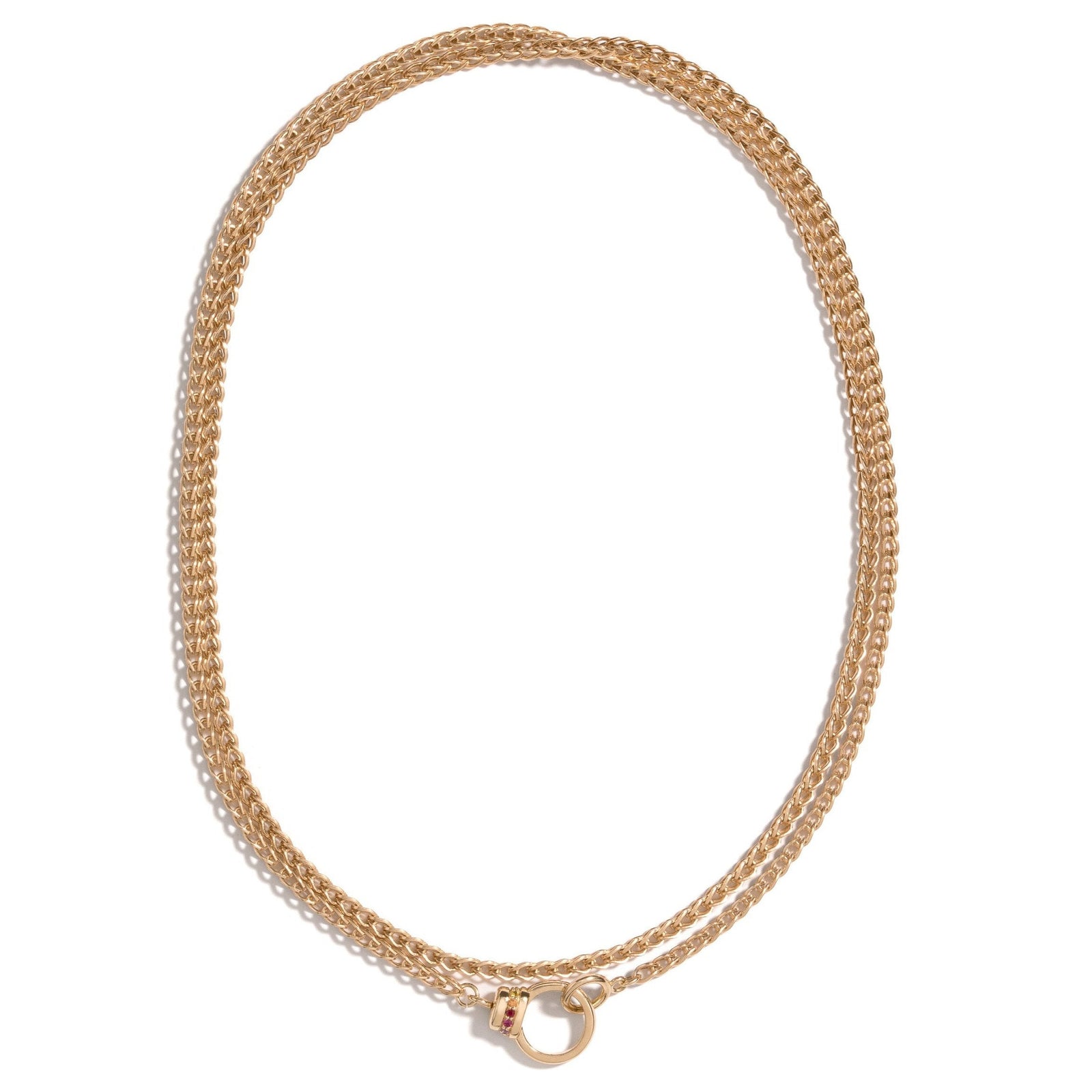 Eightfold Chain by Mined + Found available at Talisman Collection Fine Jewelers in El Dorado Hills, CA and online.  A modern masterpiece infused with vintage inspiration, the Eightfold chain weaves the beauty of the past with the enduring elegance of the present. Each link is meticulously formed, radiating the timeless allure of warm, 14k yellow gold and the piece is finished with a rainbow gemstone embellished clasp. The 18" chain length is perfect paired with pendants or worn alone for a subtle glow. 
