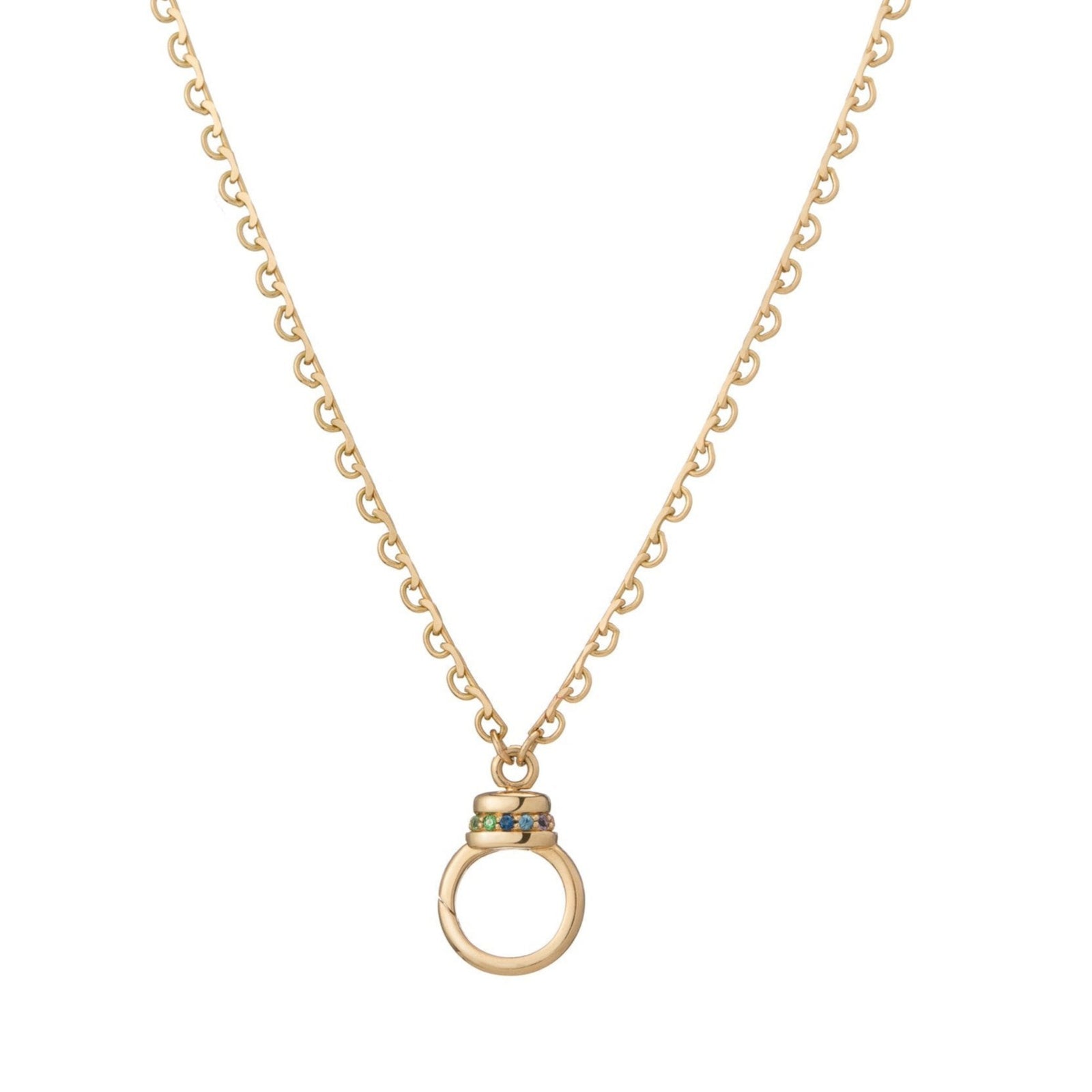 Lace Chain Pendant Holder by Mined + Found available at Talisman Collection Fine Jewelers in El Dorado Hills, CA and online. Inspired by delicately scalloped lace, the 14k gold chain is meticulously finished with a traditional diamond-cut surface, reflecting a subtle glimmer as it catches the light. The gemstone clasp features a sparkling rainbow of gemstones, reversing to show either a band of "cool" colors or "warm" colors. The 18" necklace has a front facing lobster clasp that pairs perfectly with a sin