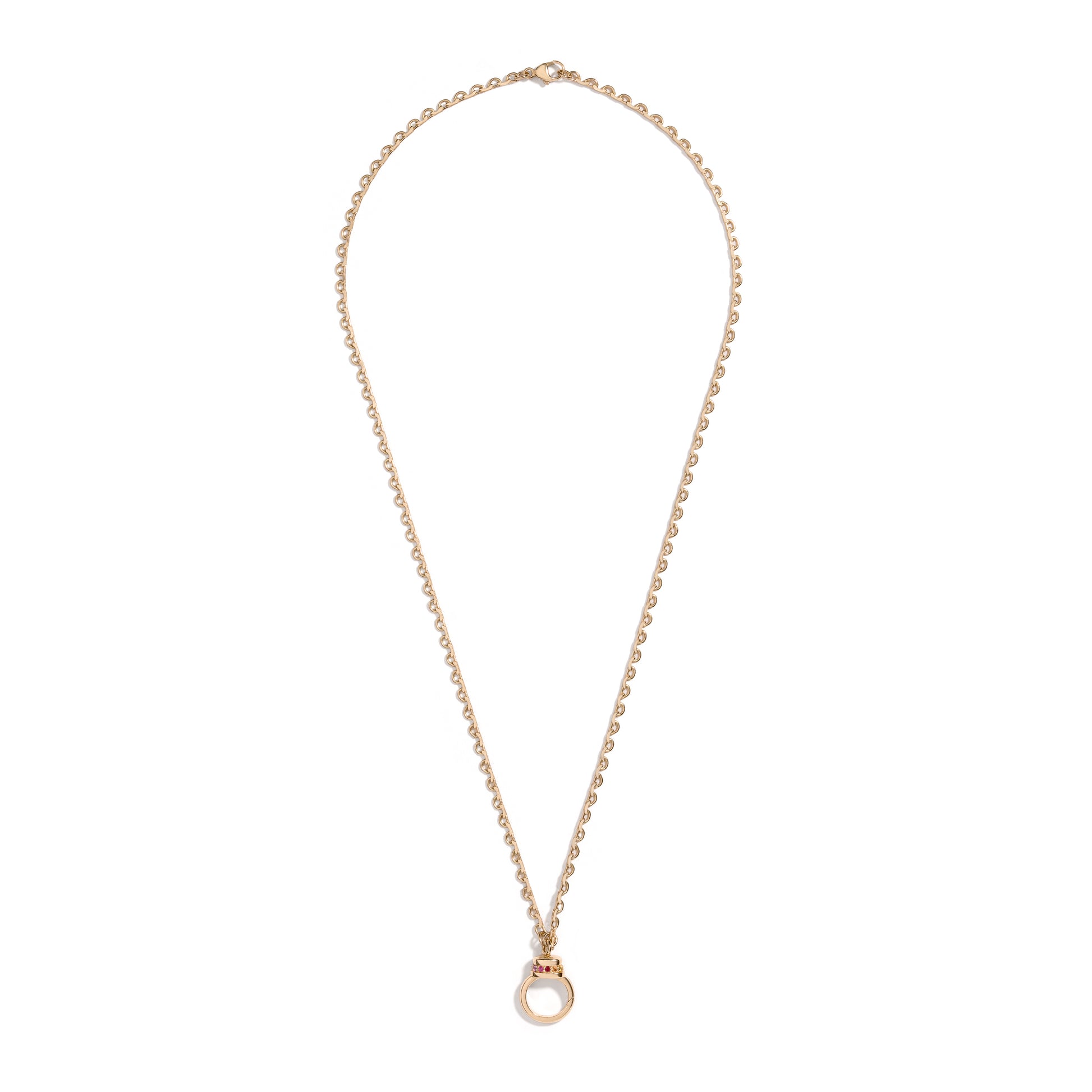 Lace Chain Pendant Holder by Mined + Found available at Talisman Collection Fine Jewelers in El Dorado Hills, CA and online. Inspired by delicately scalloped lace, the 14k gold chain is meticulously finished with a traditional diamond-cut surface, reflecting a subtle glimmer as it catches the light. The gemstone clasp features a sparkling rainbow of gemstones, reversing to show either a band of "cool" colors or "warm" colors. The 18" necklace has a front facing lobster clasp that pairs perfectly with a 