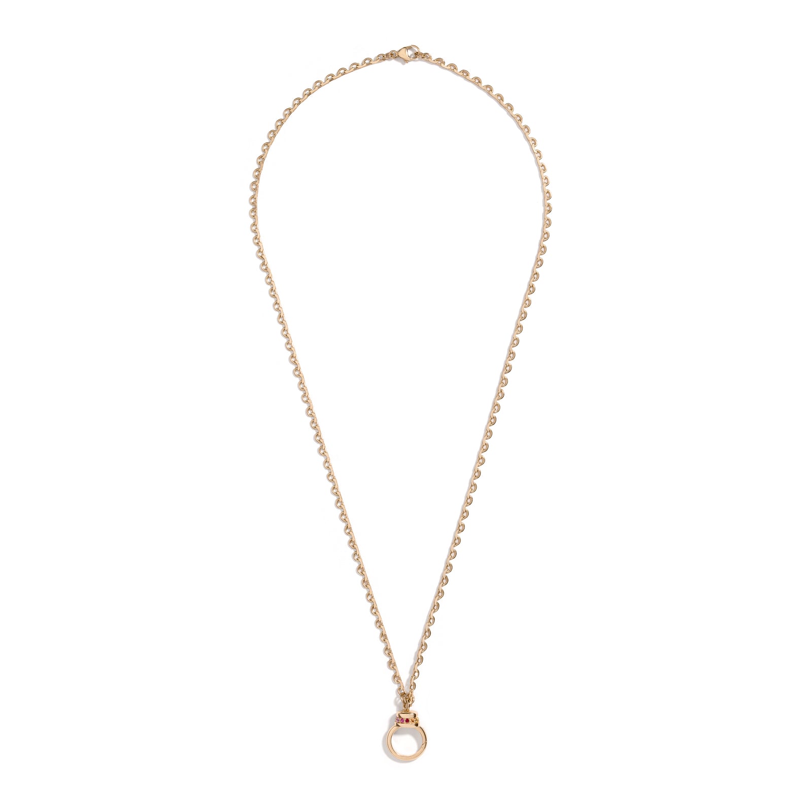 Lace Chain Pendant Holder by Mined + Found available at Talisman Collection Fine Jewelers in El Dorado Hills, CA and online. Inspired by delicately scalloped lace, the 14k gold chain is meticulously finished with a traditional diamond-cut surface, reflecting a subtle glimmer as it catches the light. The gemstone clasp features a sparkling rainbow of gemstones, reversing to show either a band of "cool" colors or "warm" colors. The 18" necklace has a front facing lobster clasp that pairs perfectly with a sin