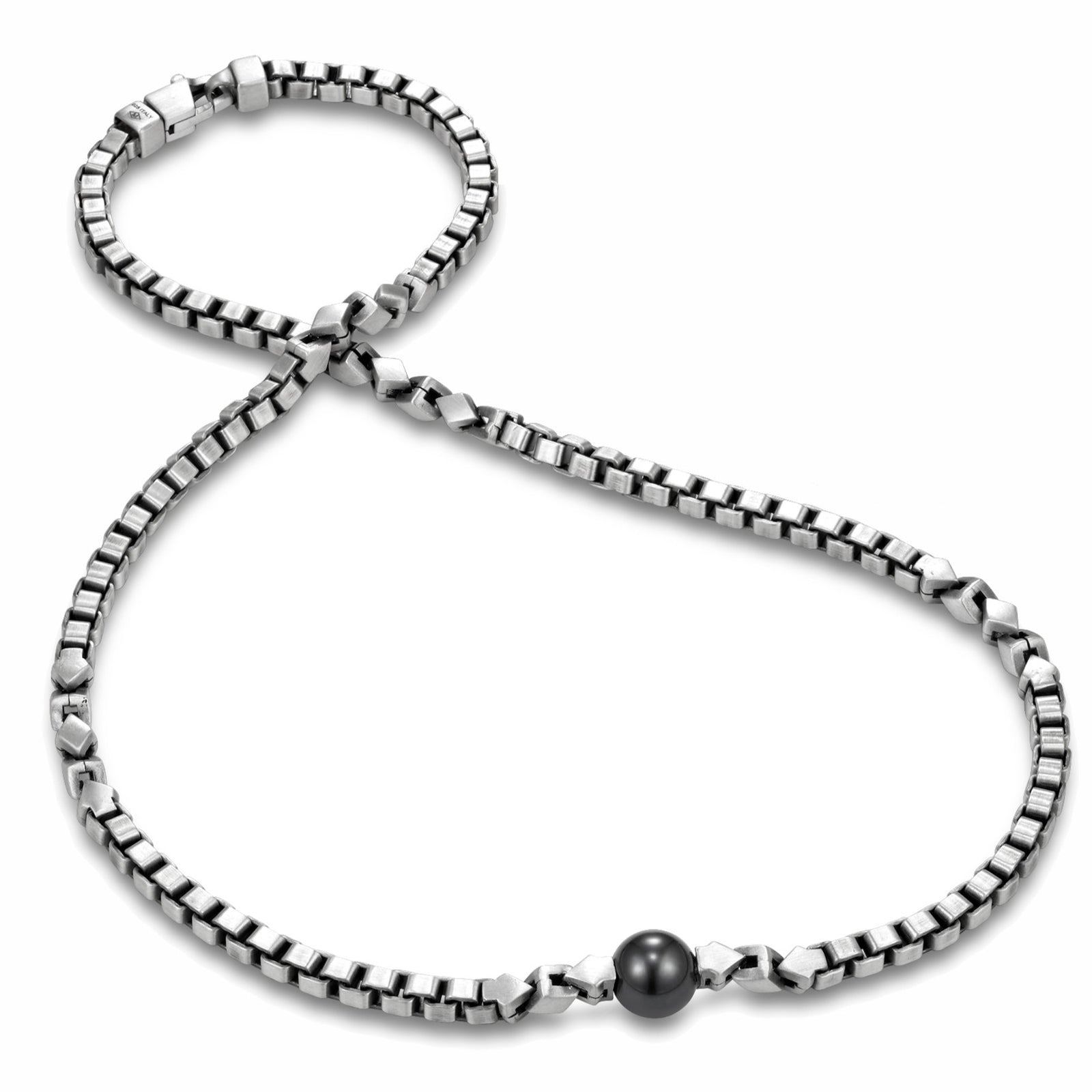 Sorrento Venetian Chain Tahitian Pearl Men's Necklace by Mastoloni Pearls available at Talisman Collection Fine Jewelers in El Dorado Hills, CA and online. Masterfully crafted from 11-12 mm Tahitian pearls and sterling silver chain, this modern necklace has a bit of edge. At 22 inches in length, this necklace is the perfect statement piece to wear alone or layer. Add a touch of sophistication to your wardrobe with this exclusive Mastoloni creation