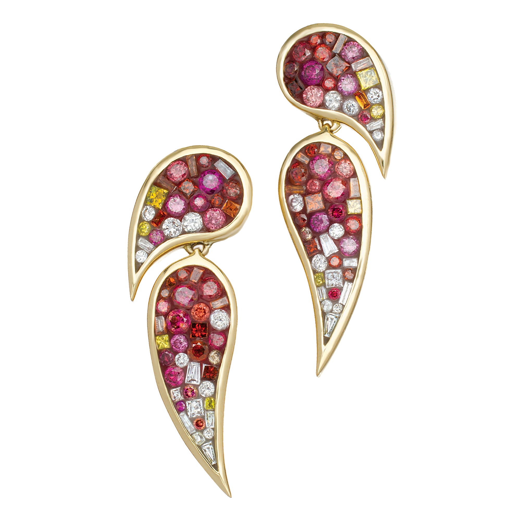 -Red, Yellow and White Diamond Paisley Drop Earrings