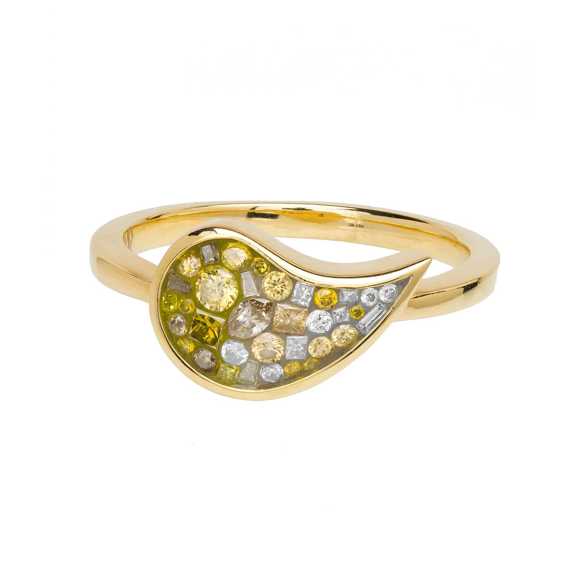 Yellow Ombre Diamond Paisley Ring by Pleve available at Talisman Collection Fine Jewelers in El Dorado Hills, CA and online. Specs: 45 cttw white & color enhanced diamonds, 18k yellow gold. 