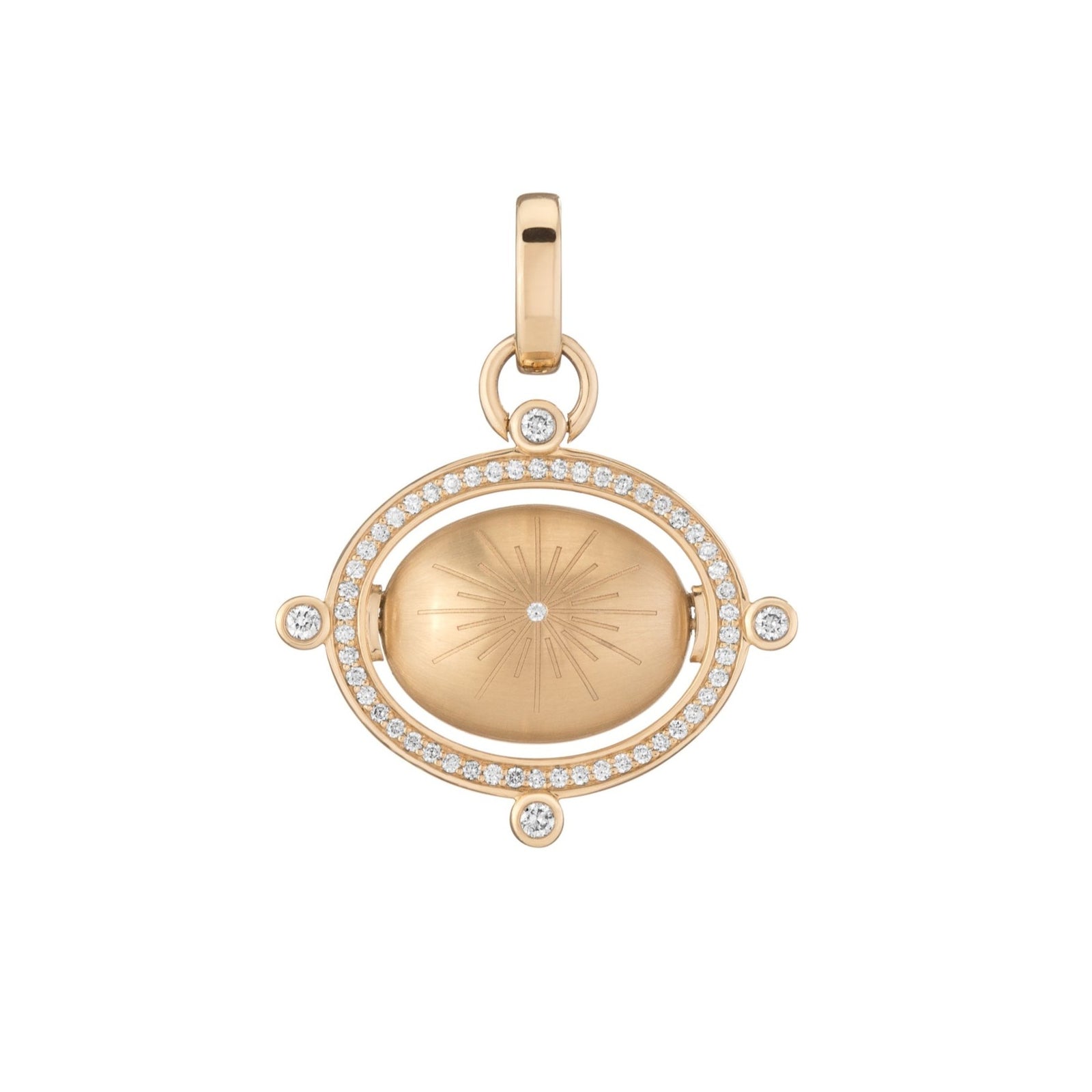 Fire Opal Compass Pendant by Mined + Found available at Talisman Collection Fine Jewelers in El Dorado Hills, CA and online. A change of direction can be a very good thing, and our one-of-a-kind Compass pendant illustrates just that. With one quick twist, the Compass pendant reverses from glowing 4.44 ct fire opal to smooth, satiny 14k gold, engraved with an antique compass rose inspired motif. A ring of sparkling pavé diamonds, and four bezel set diamonds -representative of the four cardinal directions- to
