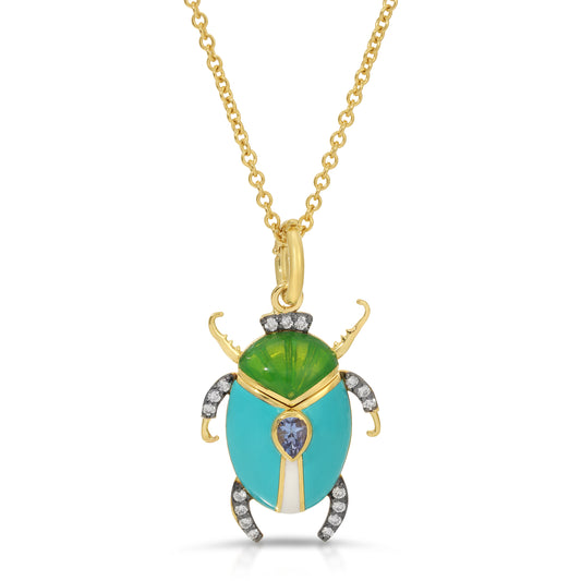 Sapphire Enamel Beetle Necklace by Lord Jewelry available at Talisman Collection Fine Jewelers in El Dorado Hills, CA and online. If you're looking for a darling piece that exudes timelessness, look no further than this Sapphire Enamel Beetle Pendant Necklace. Crafted in 18k yellow gold, the charm features a beautiful enamel scarab, accented with a 0.19 cts cabochon pear sapphire and 0.14 cts of diamonds.