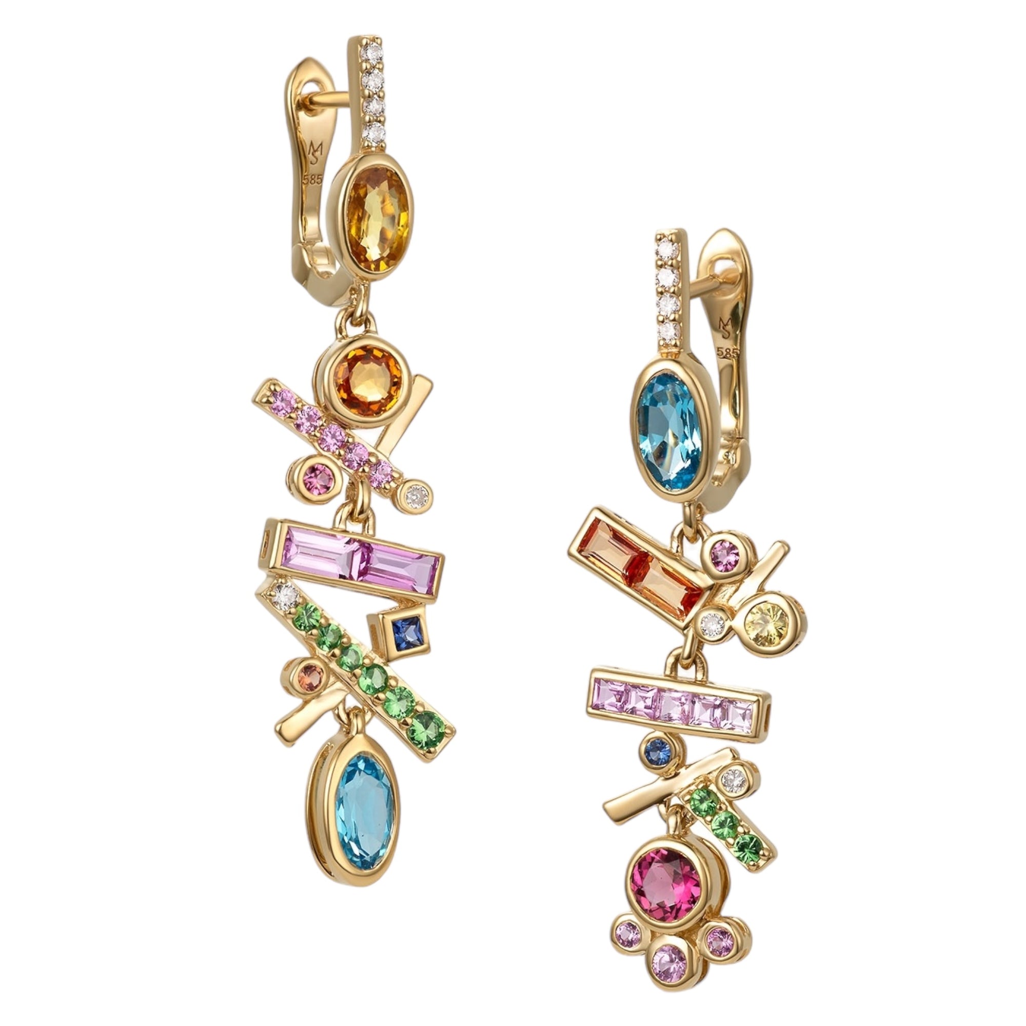 Falling Stars Multi-color Earrings by Martha Seely available at Talisman Collection Fine Jewelers in El Dorado Hills, CA and online. Stats: These lively earrings feature a vibrant cascade of precious gemstones including sapphires, tsavorites, blue topaz, and pink tourmalines, totaling 2.38 carats. Each gemstone is carefully selected, flawlessly set, and accented with 0.08 carats of sparkling diamonds, making these earrings a truly captivating beauties. 