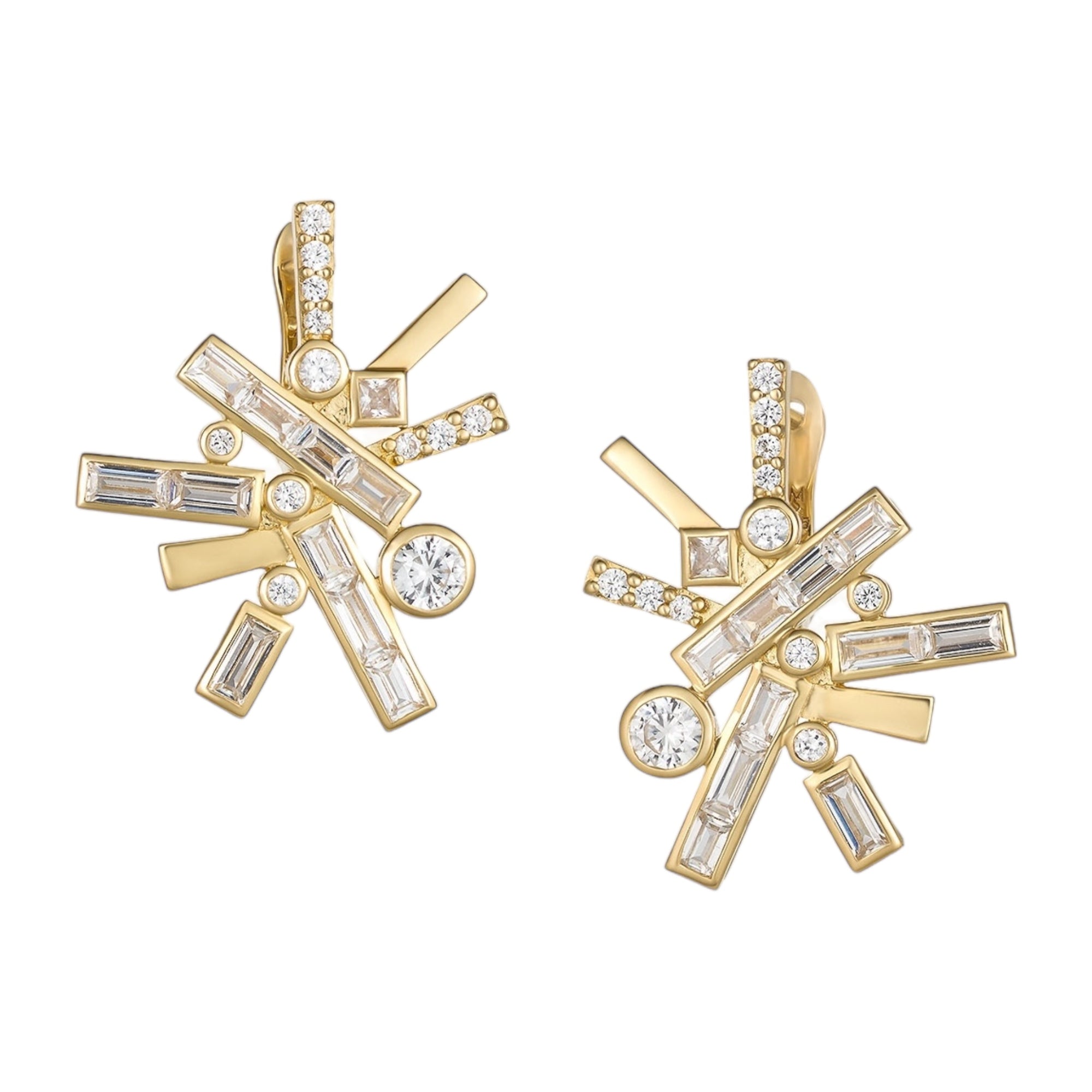 Starburst Zircon Earrings by Martha Seely available at Talisman Collection Fine Jewelers in El Dorado Hills, CA and online. Stats: Transform your everyday look into a celebration with the dazzling addition of this sparkler on your ear. Featuring 3.28 carats of natural Zircons in a stunning mix of bezel set and pave stones, these earrings are meticulously crafted in 14k yellow gold and measure 25 x 21mm. The secure omega back ensures a stylish and safe fit. 