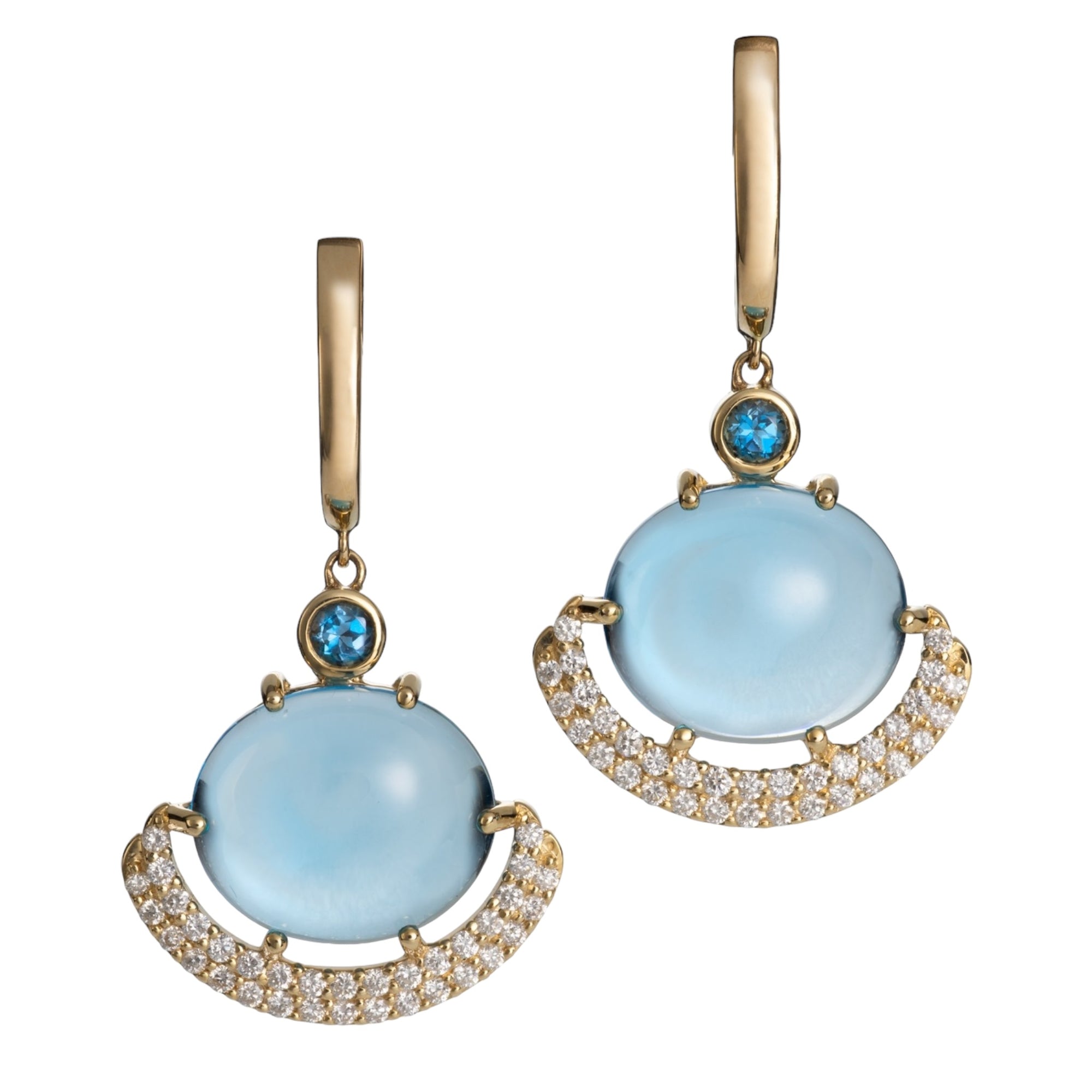Eclipse Earrings - Swiss Blue Topaz 14k by Martha Seely available at Talisman Collection Fine Jewelers in El Dorado Hills, CA and online.Stats: Embrace the energy of eclipses with these award-winning Eclipse Earrings. Featuring a vibrant cabochon Swiss blue topaz at the center (14 x 12mm), adorned with luxurious London blue topaz (3mm round) and 0.68 carats of dazzling diamonds, these earrings will add a touch of sparkle and joy to every day.