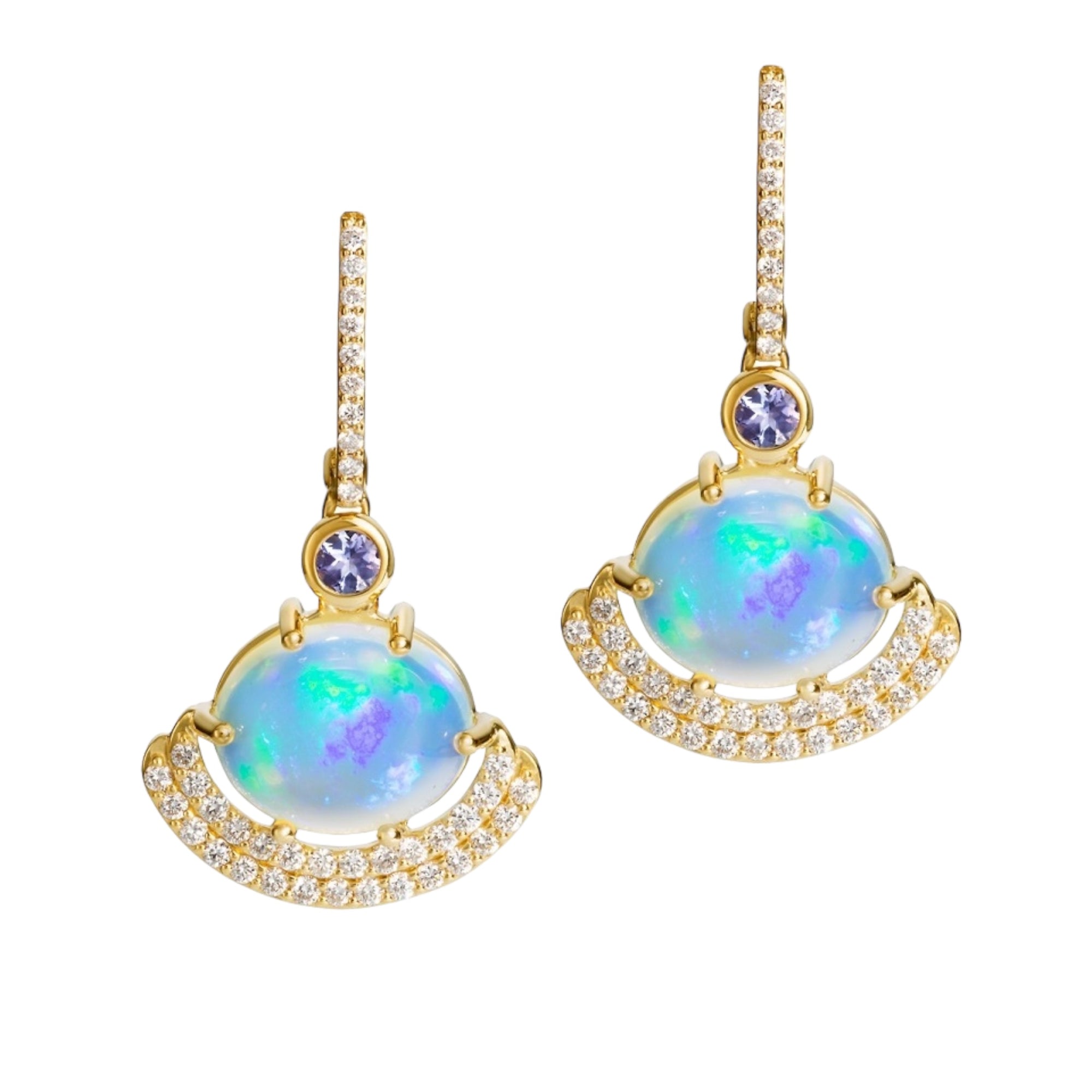 Welo Opal Eclipse Earrings by Martha Seely available at Talisman Collection Fine Jewelers in El Dorado Hills, CA and online. Stats: Crafted with 12x10 mm Welo Opals set in 14k yellow gold, these earrings will make you shine like a star at any event. The opals flash with stunning colors, while 1.26 cts of diamonds and tanzanite add a touch of luxury. An elegant addition to your jewelry wardrobe.