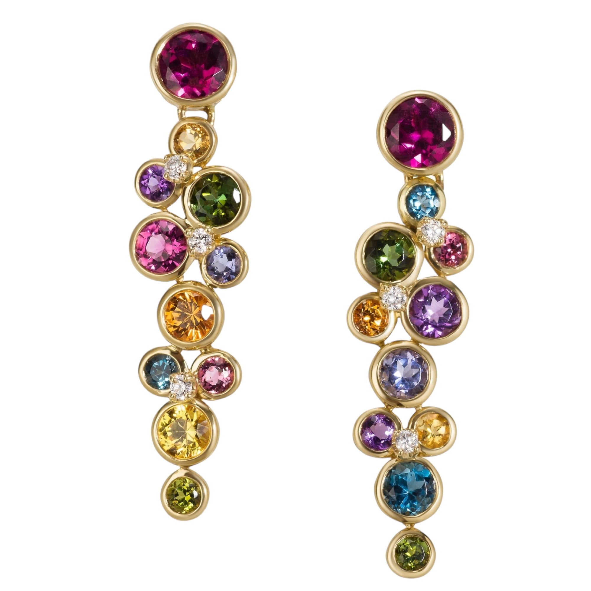 Multi-color Constellation Earrings by Martha Seely available at Talisman Collection Fine Jewelers in El Dorado Hills, CA and online. Stats: Exquisite drop earrings adorned with a total of 2.27 carats of vibrant multi-colored gemstones and embellished with scattered diamonds totaling 0.12 cts. The gemstones are delicately bezel-set in 14k gold, adding a touch of elegance to their playful design as they sway and shimmy with a hint of whimsy. Measuring 1.5" in length. 