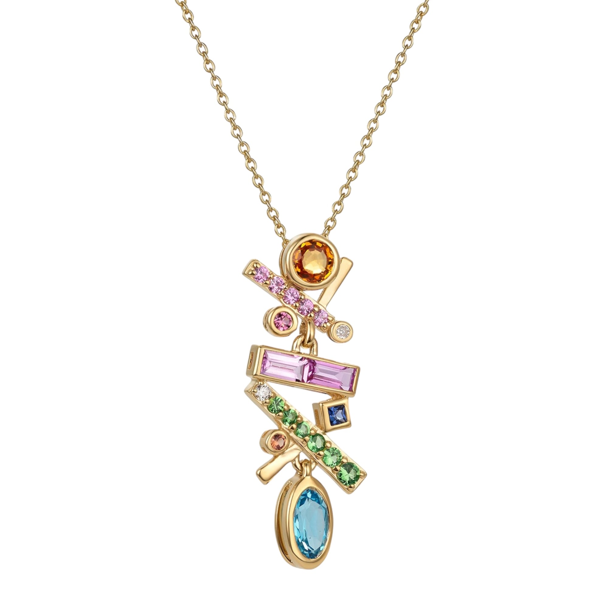 Falling Stars Multi-Color Pendant by Martha Seely available at Talisman Collection Fine Jewelers in El Dorado Hills, CA and online. Stats: This kinetic pendant necklace feature a vibrant cascade of gemstones including sapphires, tsavorites, blue topaz, and pink tourmalines, totaling 1.18 carats. Each gemstone is carefully selected, flawlessly set, and accented with 0.016 cts of sparkling diamonds, making this a truly captivating necklace.