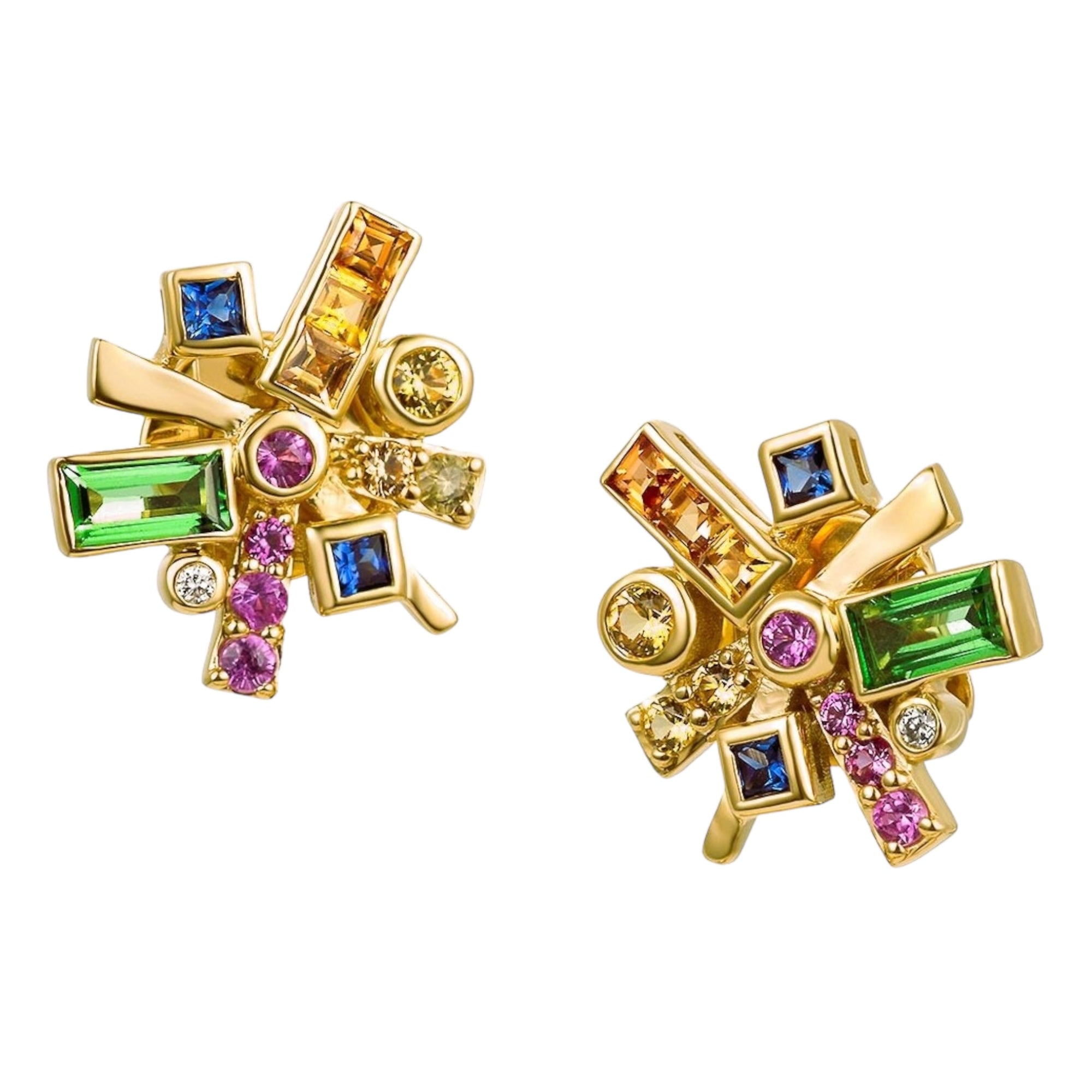 Shooting Stars Earrings by Martha Seely available at Talisman Collection Fine Jewelers in El Dorado Hills, CA and online. Stats: Experience a dazzling explosion of color with our Shooting Stars Small post earrings - crafted in 14k yellow gold and adorned with 3.20 carats of stunning multi-color sapphires, luscious tsavorites, and sparkling 0.08 cts of diamonds. Suspended from the post, these earrings delicately dangle just under your ear, measuring 25 x 21mm. 