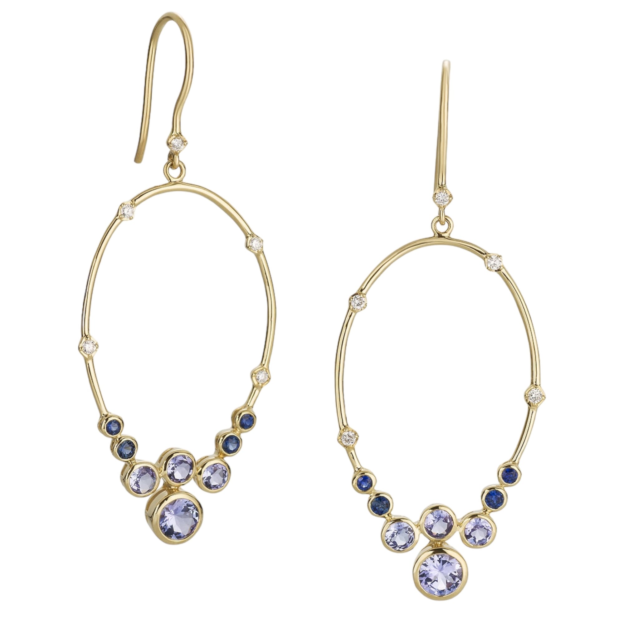 Blue Constellation Hoop Earrings by Martha Seely available at Talisman Collection Fine Jewelers in El Dorado Hills, CA and online. Stats: Lightweight 14k hoop earrings with bezel-set clusters of 1.51 ct tanzanites, 0.26ct sapphires and 0.14ct of diamonds that make you feel like a star. Not too big. Not too small. Just right. 