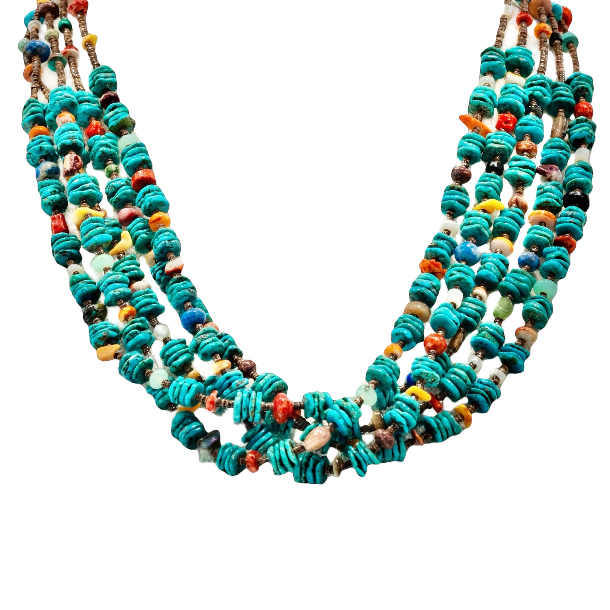 Native American 5 Strand Turquoise Nugget Necklace available at Talisman Collection Fine Jewelers in El Dorado Hills, CA and online.This exquisite 5 strand 20” necklace is an authentic Native American piece. It features beautiful and natural flat Tibetan turquoise nuggets, along with Tibetan turquoise cones, baby chocolate olivela heishi shells, lapis, freshwater pearl, coral, mother of pearl shell, adventurine, abalone shell, and chrysocolla.