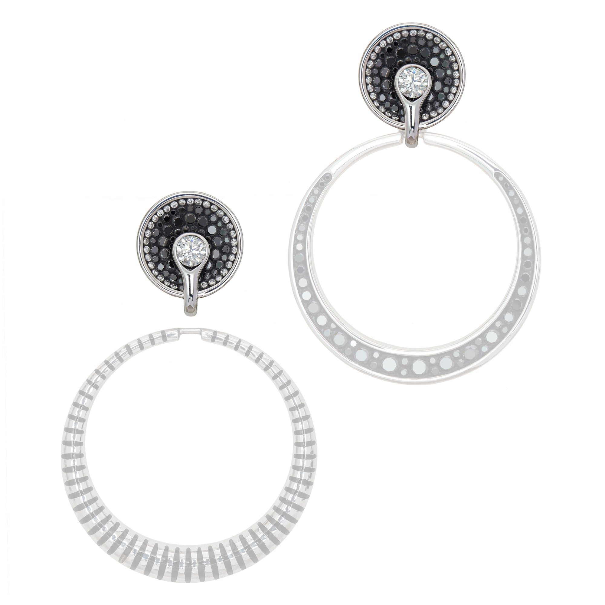 Border Black Opus Stud Earrings by Pleve available at Talisman Collection Fine Jewelers in El Dorado Hills, CA and online. Specs: 1.35 cttw white & color enhanced diamonds, 18k white gold, 12mm studs. Pair with Pleve's Border Black Opus Hoop Enhancer Earrings for  a truly stunning statement. 