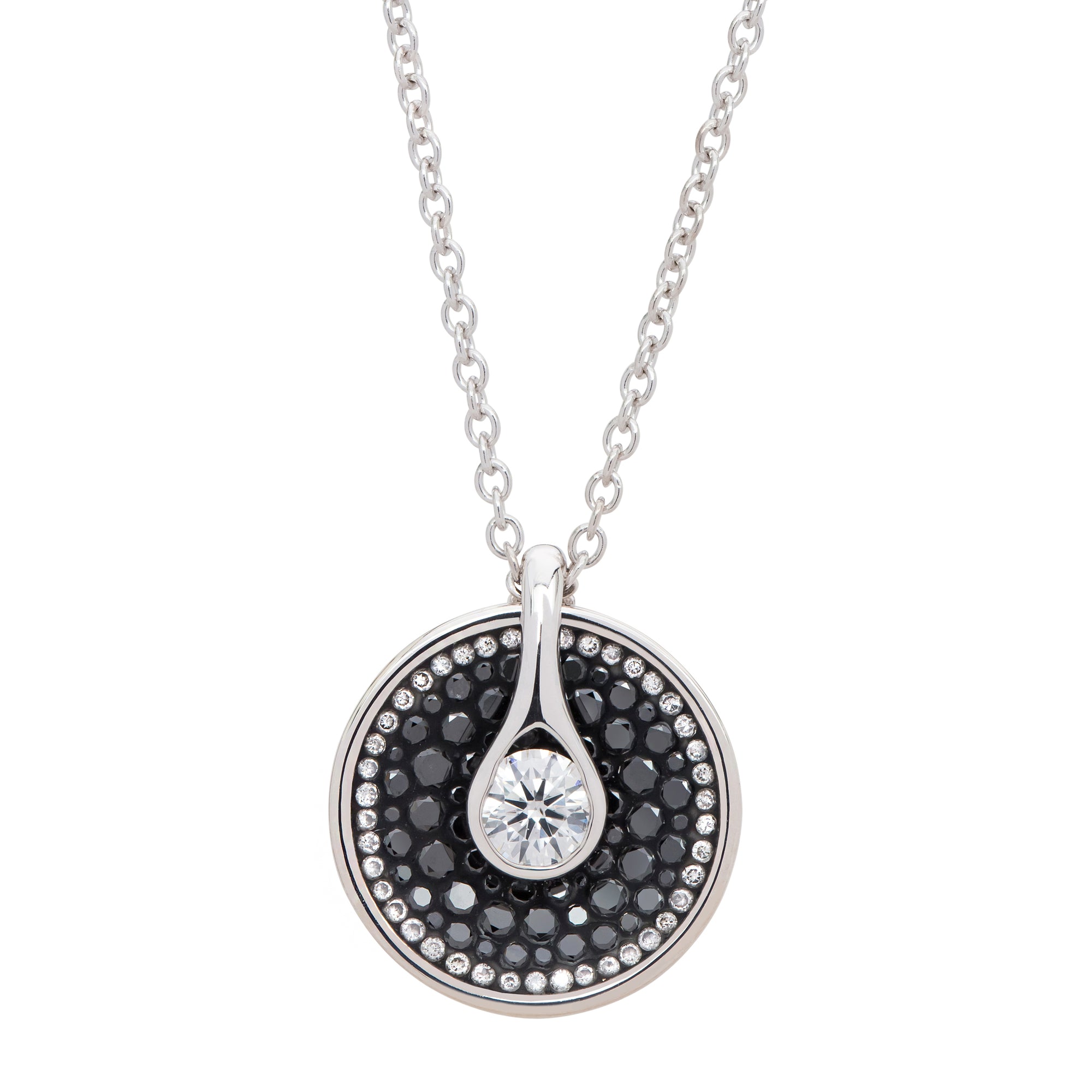 Border Black Opus Diamond Pendant Necklace by Pleve available at Talisman Collection Fine Jewelers in El Dorado Hills, CA and online. Specs: .90 cttw white & color enhanced diamonds, 18k white gold, 12mm diamond bale.