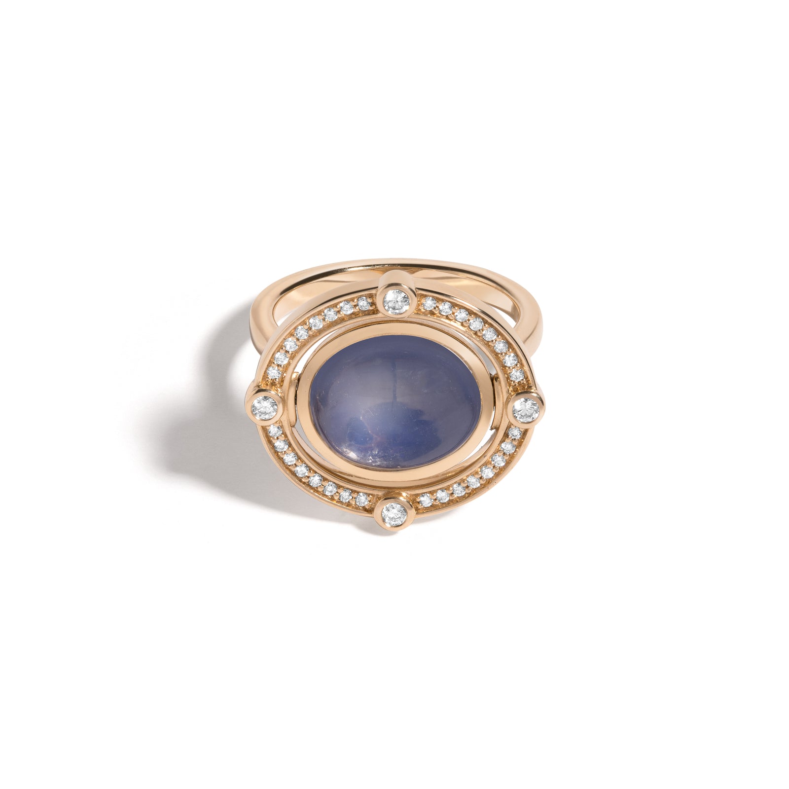 Compass Reverse Ring by Mined + Foundavailable at Talisman Collection Fine Jewelers in El Dorado Hills, CA and online.  A change of direction can be a very good thing, and the Compass ring illustrates just that. With one quick twist, the center flips from glowing 5.75ct moonstone to smooth, satiny 14k gold, engraved with a design inspired by an antique compass rose motif. A ring of sparkling pavé diamonds  and four bezel set diamonds totaling 0.31cts -representative of the four cardinal directions- complete