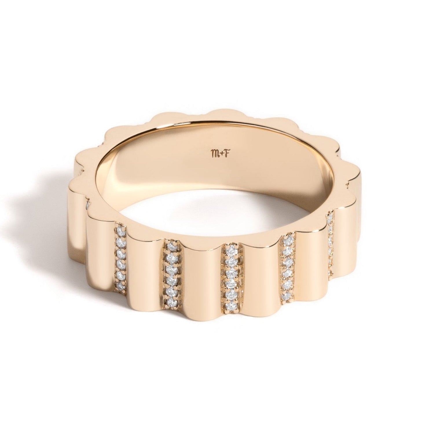 Wide Lace Gold Band by Mined + Found available at Talisman Collection Fine Jewelers in El Dorado Hills, CA and online. This 14k solid yellow gold band is a perfect blend of groovy and classic vibes. The wavy scalloped profile features sparkling diamonds, adding a delicate touch to this everyday beauty. With 0.24 carats of diamonds and a 6mm width, this ring is truly special. (Note: The diamond weight is based on a finger size of 7 and will vary depending on finger size). Please indicate ring size in the "no