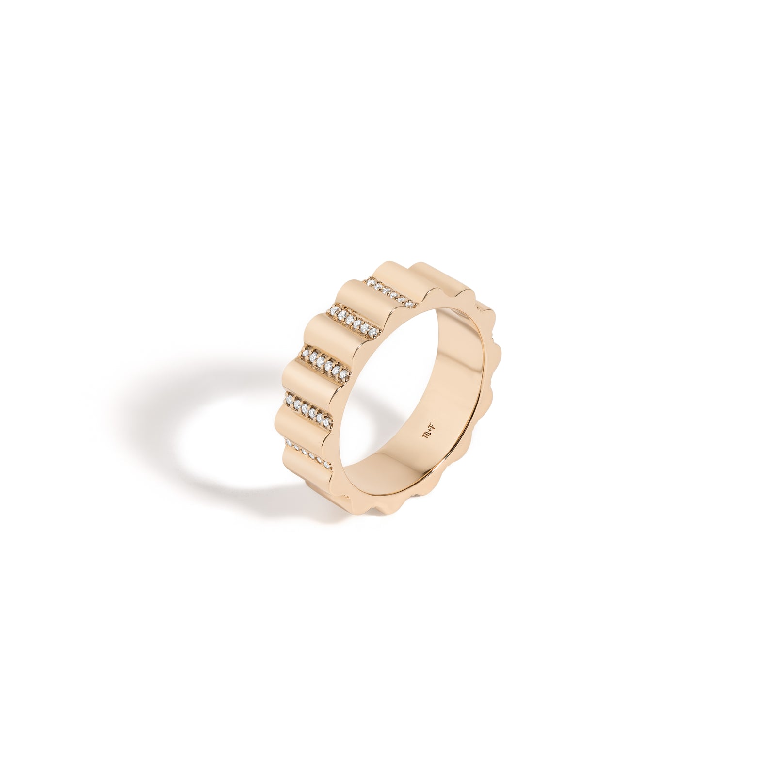 Wide Lace Gold Band by Mined + Found available at Talisman Collection Fine Jewelers in El Dorado Hills, CA and online. This 14k solid yellow gold band is a perfect blend of groovy and classic vibes. The wavy scalloped profile features sparkling diamonds, adding a delicate touch to this everyday beauty. With 0.24 carats of diamonds and a 6mm width, this ring is truly special. (Note: The diamond weight is based on a finger size of 7 and will vary depending on finger size). Please indicate ring size in the "no