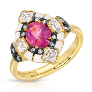 Pink Sapphire Ring by Lord Jewelry available at Talisman Collection Fine Jewelers in El Dorado Hills, CA and online. This Pink Sapphire Ring features a juicy 1.22 carat pink sapphire, encircled by .92 carats of diamonds, all beautifully set in 18k gold and accented with bright white enamel. This ring is a true gem sure to steal the spotlight!