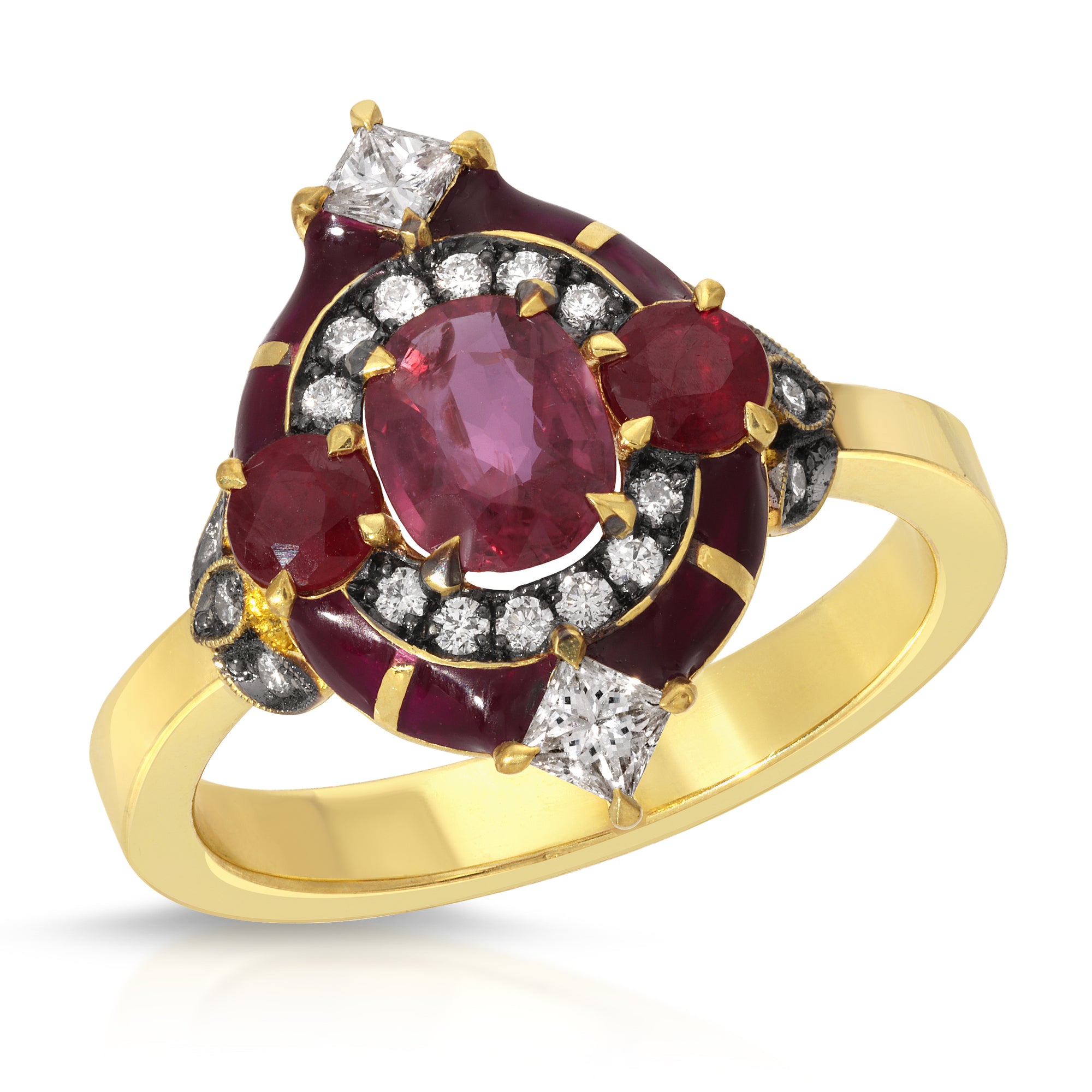 Heritage Ruby & Diamond Enamel Ring by Lord Jewelry available at Talisman Collection Fine Jewelers in El Dorado Hills, CA and online. This Heirloom Ruby Rock Candy Ring is truly special... The magnificent cocktail ring features a .69 ct ruby in the center, surrounded by .40 cts of rubies and .36 cts of diamonds, all set in 18k yellow gold accented with ruby red enamel. Red is the color of love for a reason...!
