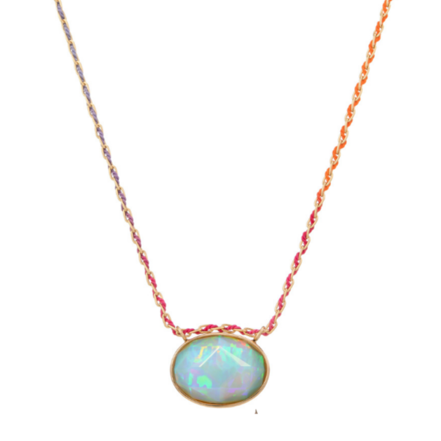 Rose Cut Opal Cool Rainbow Silk by Mined + Found available at Talisman Collection Fine Jewelers in El Dorado Hills, CA and online. This 12.22ct rose-cut opal, with its rainbow play-of-color and soft cushion shape, brings irresistible, sweeter-than-candy vibes. Set in a 14k yellow gold handmade bezel, the opal hangs gracefully from an 18" Rainbow Silk® woven cable chain, secured by a spring ring clasp. It's the perfect necklace to add a pop of brightness to any day.