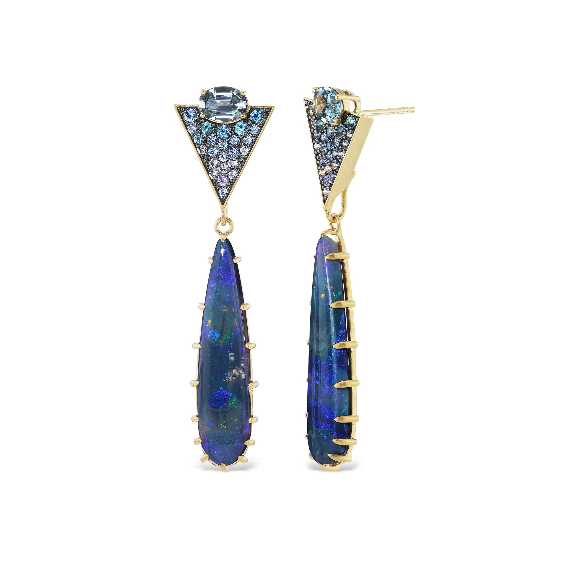 Orion’s Opal Earrings by Meredith Young available at Talisman Collection Fine Jewelers in El Dorado Hills, CA and online. A stellar combination of gemstones, Orion’s Opal Earrings are out of this world. The pave triangle tops feature 1.52 cts of gray spinels, .35 cts of denim spinel, and .6 cts of color-change garnets. Suspended below, dreamy, elongated, pear-cut opal drops hang like stars in the night sky. With classic post backs, these earrings are both comfortable and offer a touch of cosmic wonder.
