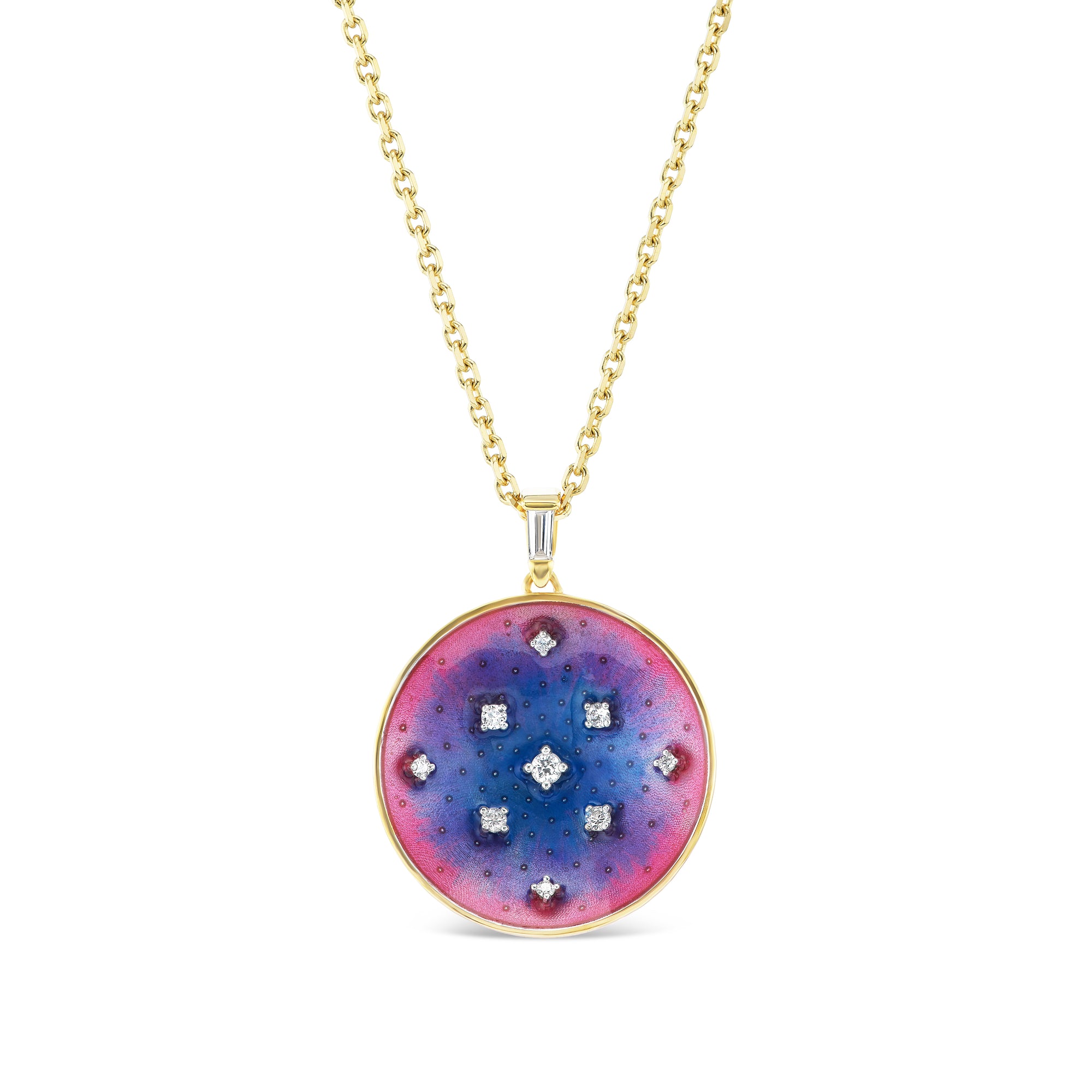 Luxe Cosmic Bloom Enamel Pendant Necklace by Meredith Young available at Talisman Collection Fine Jewelers in El Dorado Hills, CA and online. The painterly enamel work in this pendant adds a burst of vibrant color and serves as a backdrop for 0.2 cts of diamonds that resemble distant stars sparkling in the night sky...  Designed to stand out, this 18k gold pendant radiates good cosmic vibes. 