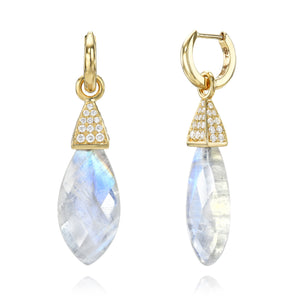 Moondance Huggie Pave Drop Earrings by Meredith Young available at Talisman Collection Fine Jewelers in El Dorado Hills, CA and online. Experience a celestial ballet with our Moondance Huggie Pave Drop Earrings. These enchanting earrings feature dreamy, faceted marquise-cut moonstone drops accented with pave diamonds and 18k gold caps. They sway delicately from petite gold hoops, adding a touch of lunar magic to your look.