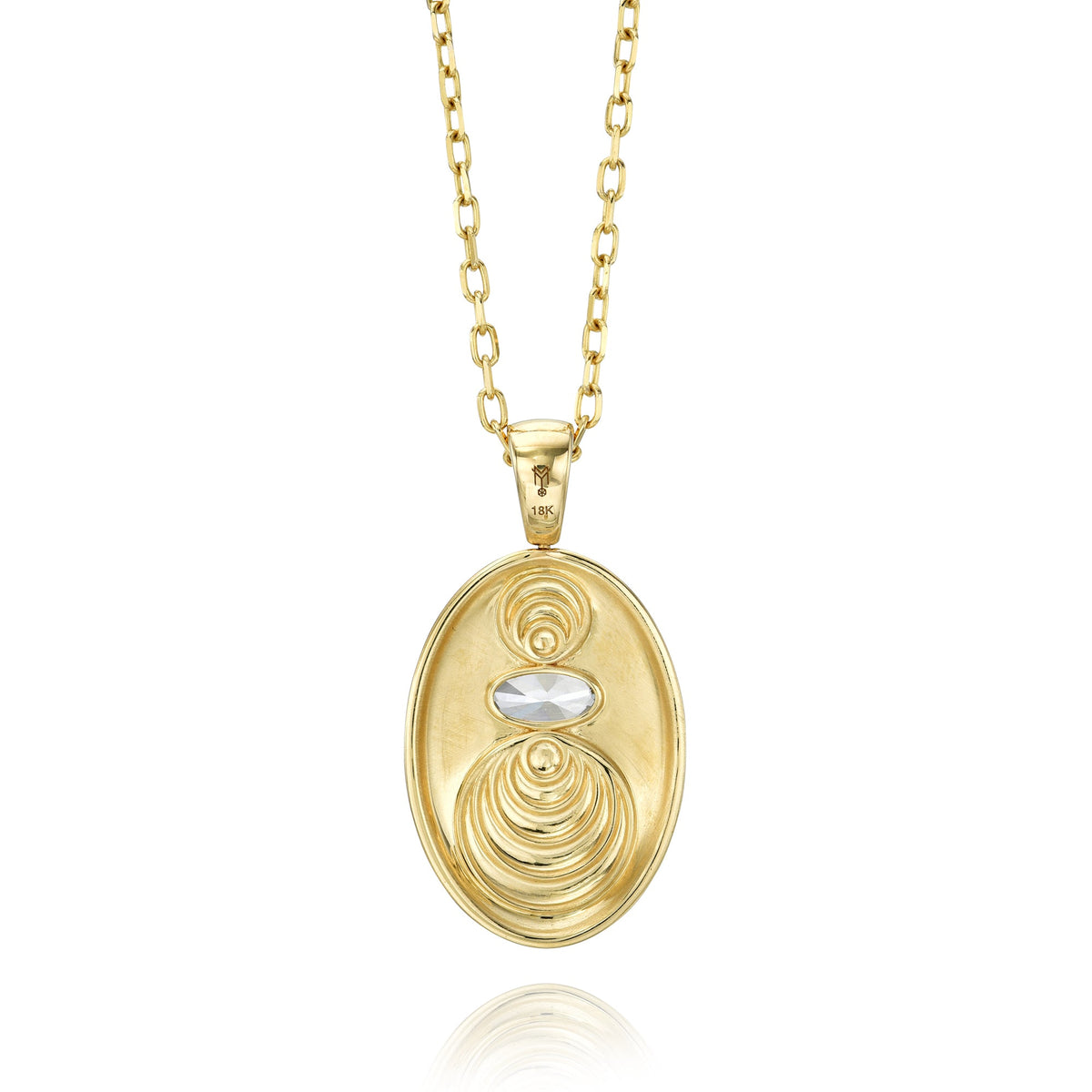 Supernova Star Eternal Double Sided Pendant Necklace by Meredith Young, available at Talisman Collection Fine Jewelers in El Dorado Hills, CA and online. Set in 18k gold, this reversable pendant features .3 ctw of diamonds and .94 cts oval white sapphire. One side depicts the birth of a star and the other side a supernova. A supernova results when the core of a massive star collapses and explodes on itself resulting in a brilliant burst of energy.