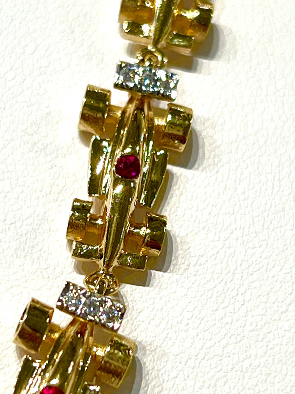 Gold Formula One Race Car Bracelet with Rubies and Diamonds