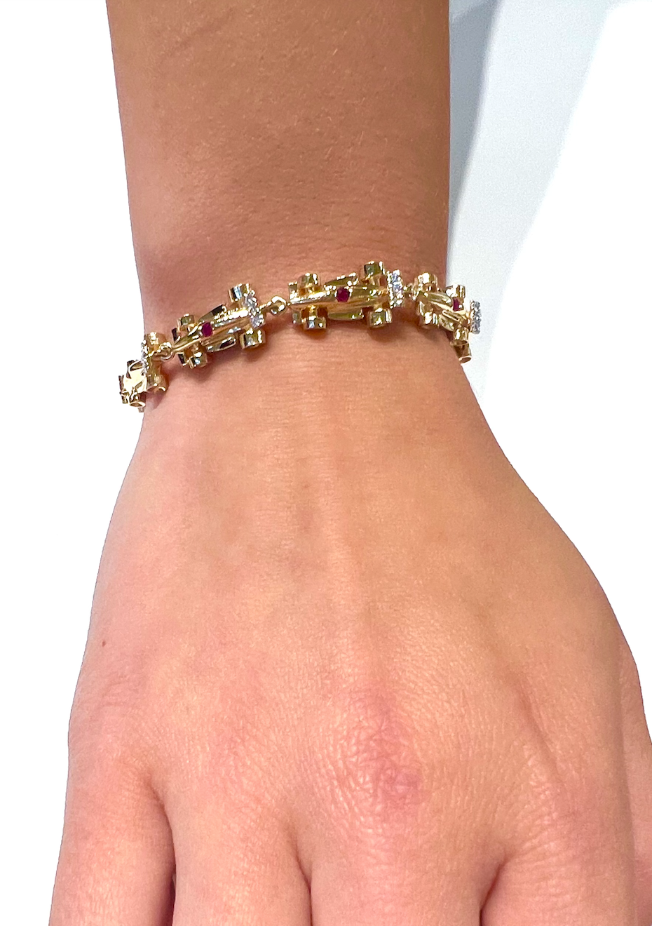 Gold Formula One Race Car Bracelet with Rubies and Diamonds