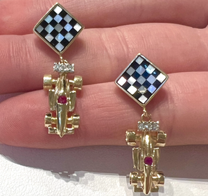 Formula One Race Car Mother of Pearl Checkered Flag Ruby & Diamond Earrings