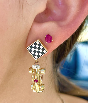 Formula One Race Car Mother of Pearl Checkered Flag Ruby & Diamond Earrings