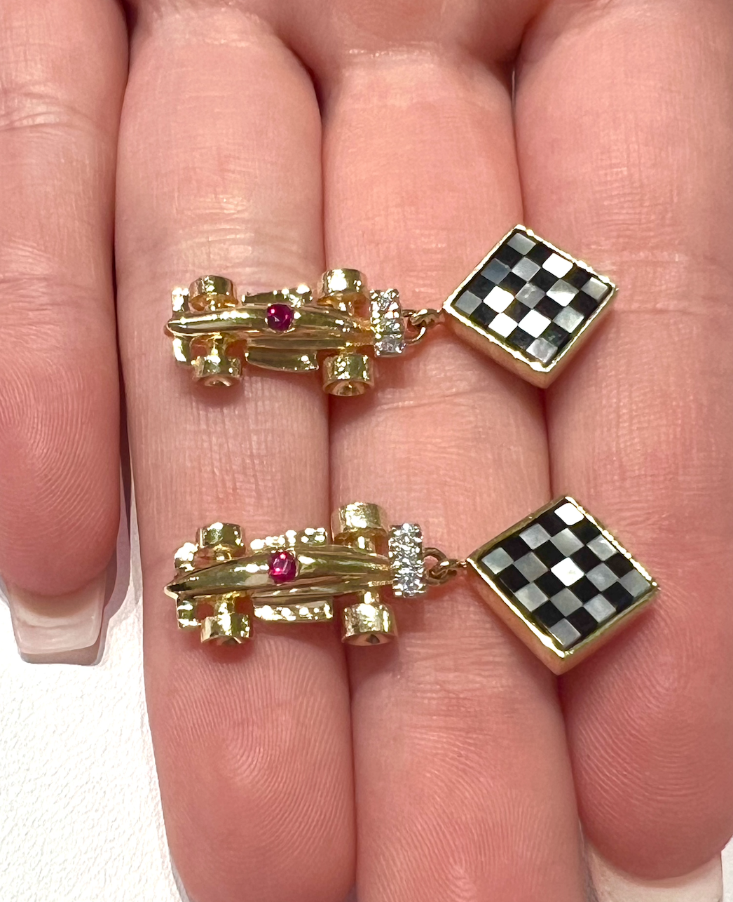 Formula One Race Car Mother of Pearl Checkered Flag Ruby & Diamond Earrings