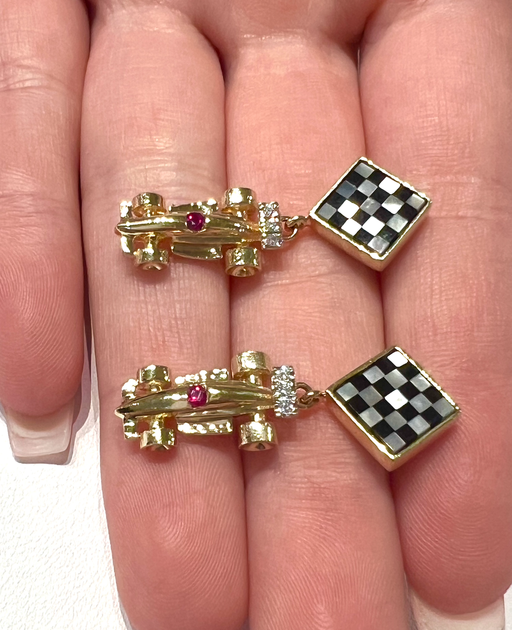 Formula One Race Car Mother of Pearl Checkered Flag Ruby Diamond Ear