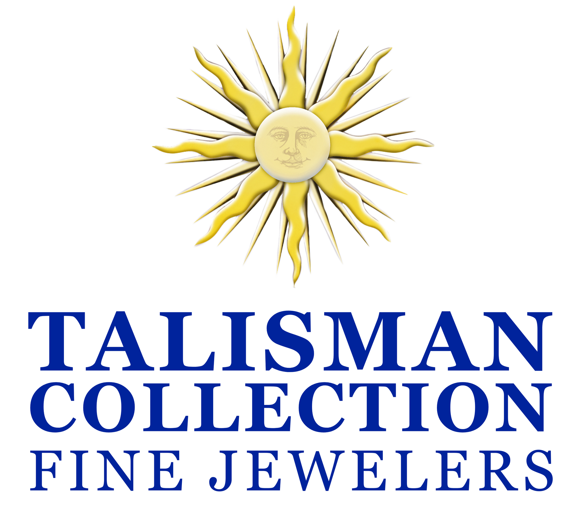 Logo of Talisman Collection Fine Jewelers in El Dorado Hills, California with a sun design and blue text on a white background