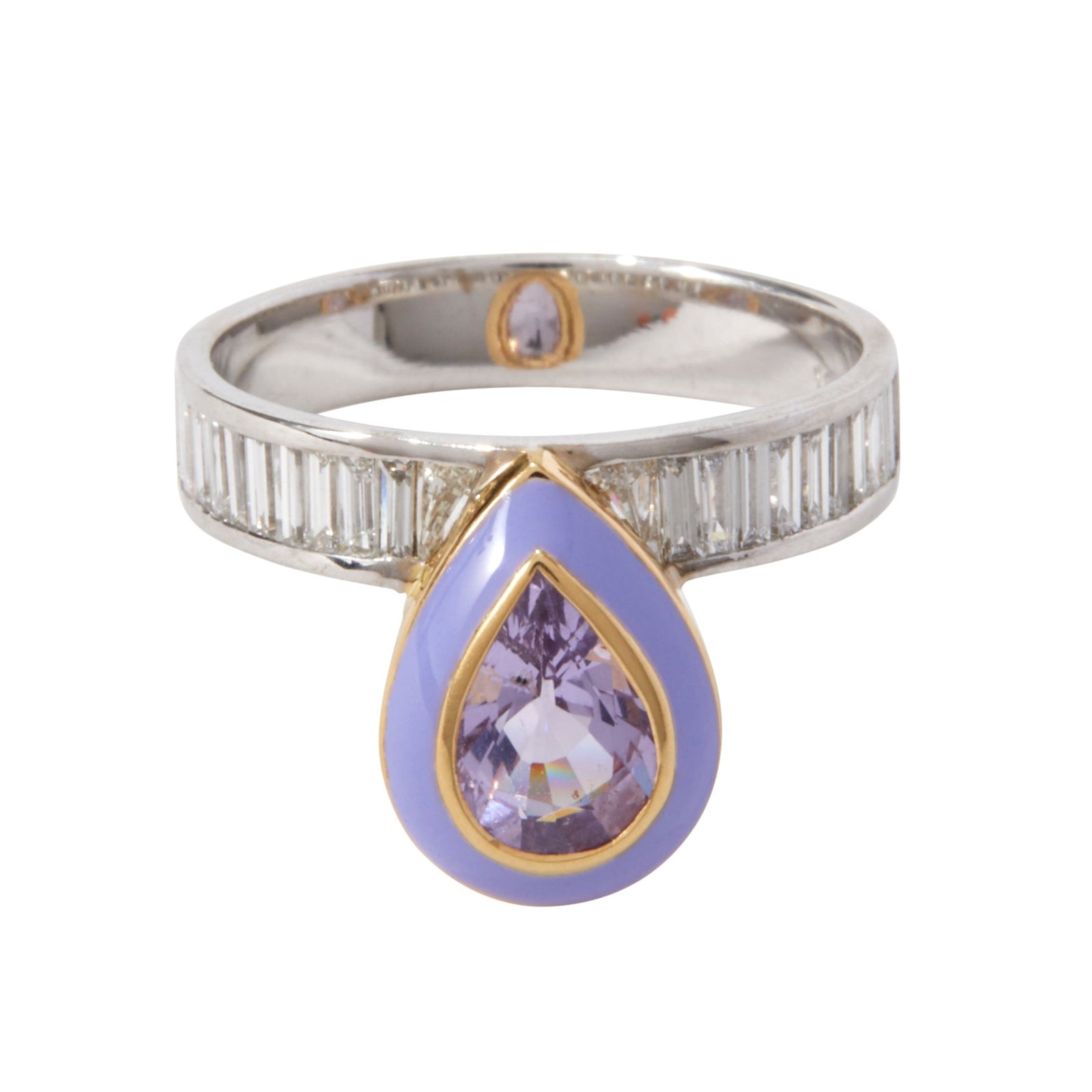 Empress Ring by Unhada available at Talisman Collection Fine Jewelers in El Dorado Hills, CA and online Stats: This ring is a one-of-a-kind stunner - with a rare 1.14 cts faceted, pear-cut spinel gemstone surrounded by dreamy periwinkle enamel and adorned with a band of sparkling channel-set baguette diamonds totaling .37 cts. Feel like royalty with this luxurious 18k gold creation! 